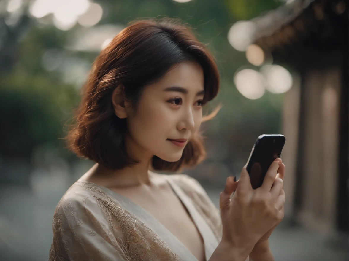 japanes in her 20s femele Holding a smartphone Bob Hair soio Sunnyday