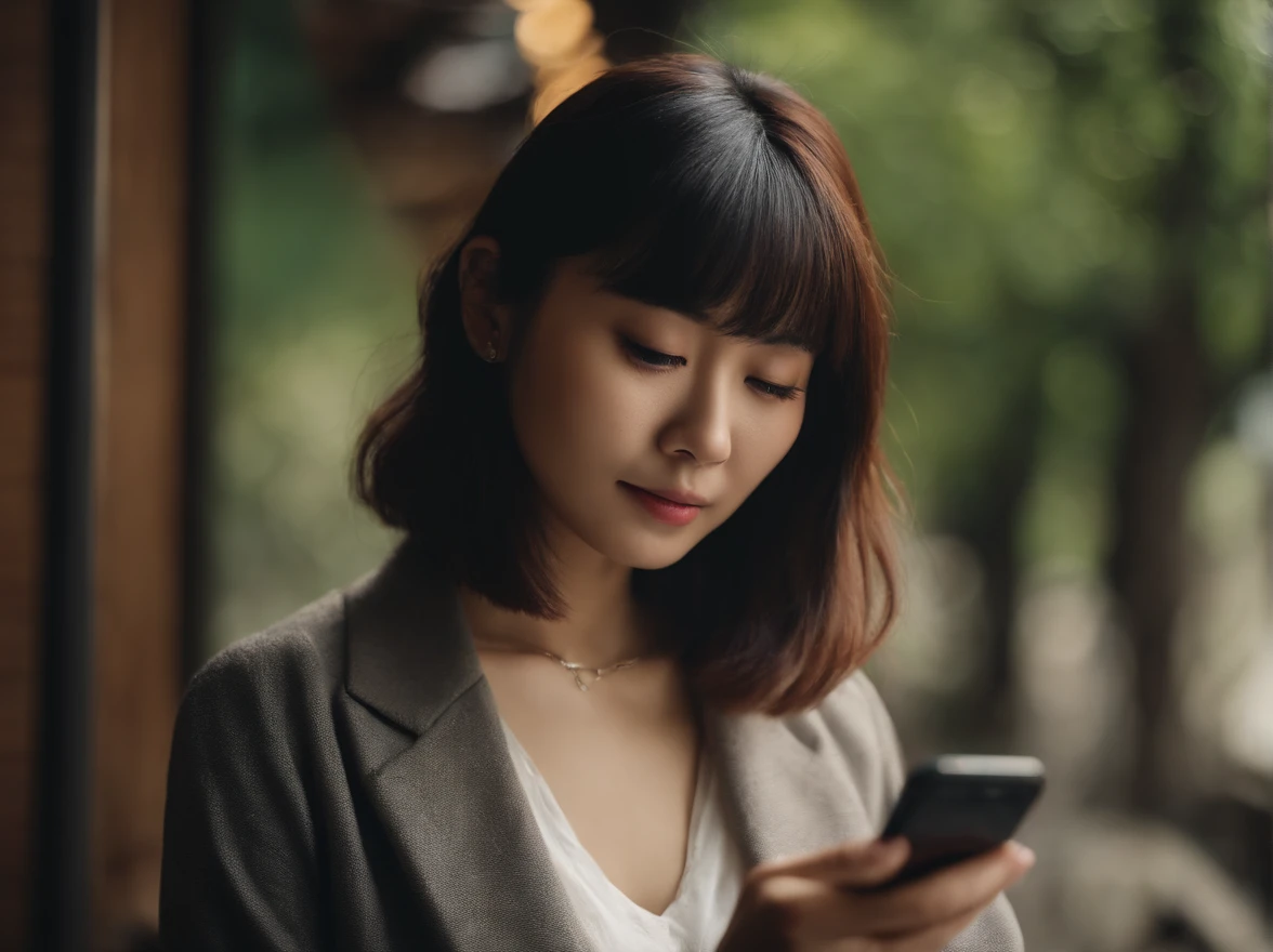japanes　in her 20s　femele　Holding a smartphone　Bob Hair　soio　Sunnyday
