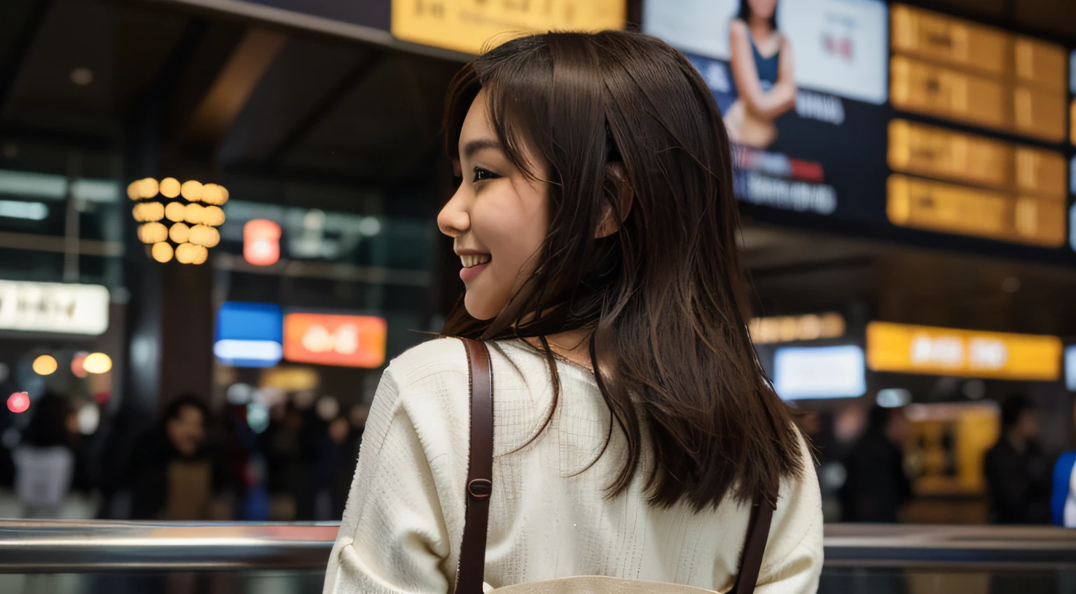 Best quality, 8k, masterpiece: 1.3), a beautiful Asian woman's back with dark brown hair, smiling, inside an airport, bright nightlights, Nikon D850 DSLR 4k camera, 100mm lens, F 1.2 aperture setting, bright and natural lighting, vibrant, relaxing atmosphere, panoramic view