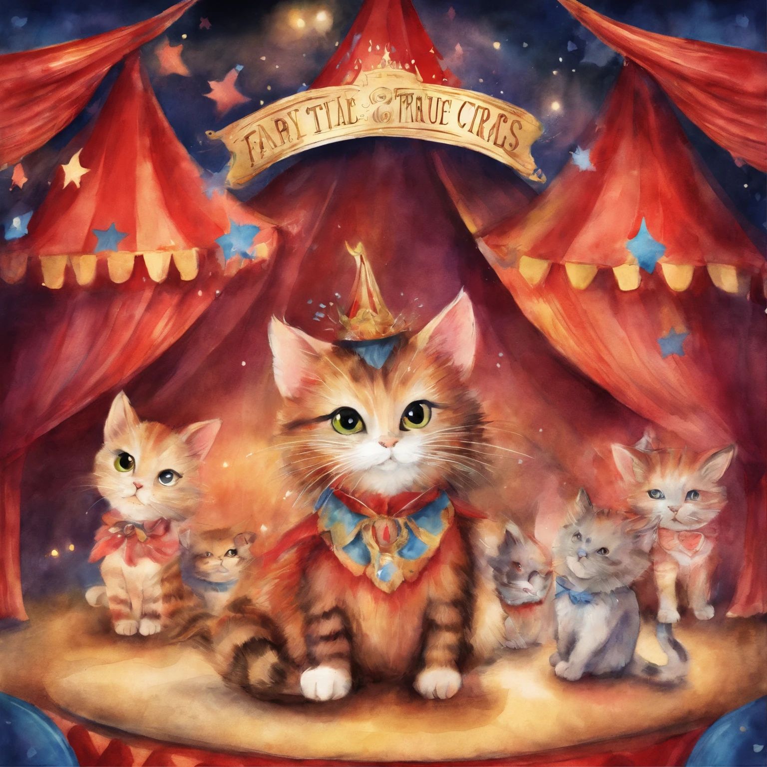 Cat Circus Troupe　Fantastic atmosphere　Picture book illustrations　watercolor paiting　Overall, the color is strong red