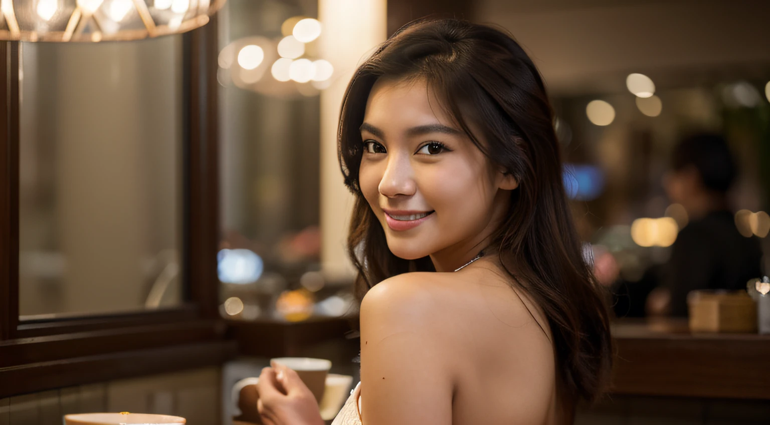 (Best quality, 8k, masterpiece: 1.3), a beautiful Asian woman's back with dark brown hair, smiling, inside a cafe, bright nightlights, Nikon D850 DSLR 4k camera, 100mm lens, F 1.2 aperture setting, bright and natural lighting, vibrant, relaxing atmosphere, panoramic view