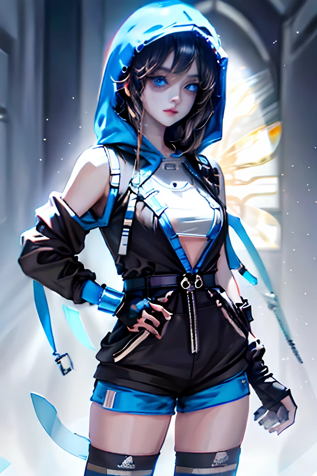 Character design, character sheet, masterpiece, blue and black hair long hair, Two hair colors, inner color hair, blue eyes, Sharp gaze, black vest hoodie with light blue striped pattern, black gloves, white short t-shirt, shorts, stockings, white sneakers with light blue pattern