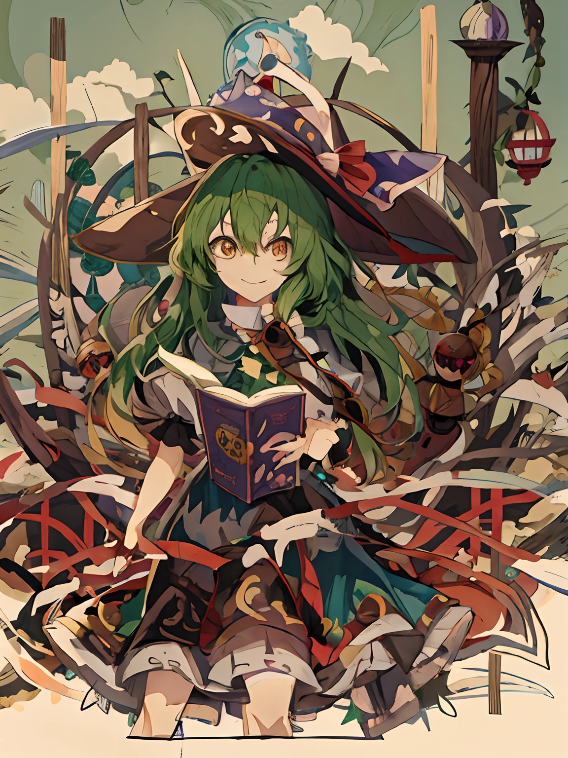 chica anime con el pelo verde y un sombrero sosteniendo un libro, Desde Touhou, Obra de arte oficial del proyecto Touhou, Desear, Personaje de Touhou, Proyecto Touhou, Chica bruja mecanizada, Arte Zerochan, por Kamagurka, Chica alquimista, Portada de novela ligera, Academia de brujas, Ilustraciones de libros de arte, Chica bruja, Ilustraciones oficiales, Zerochan