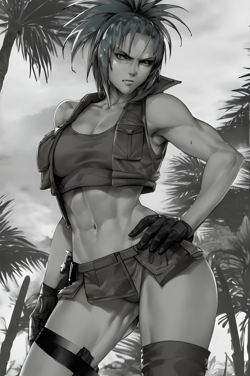 Vest and panty,naked,serious,sexy pose,military,desert.cammo,sun,hot,guerrilla,tropical,wetting,leona from the king of fighters.