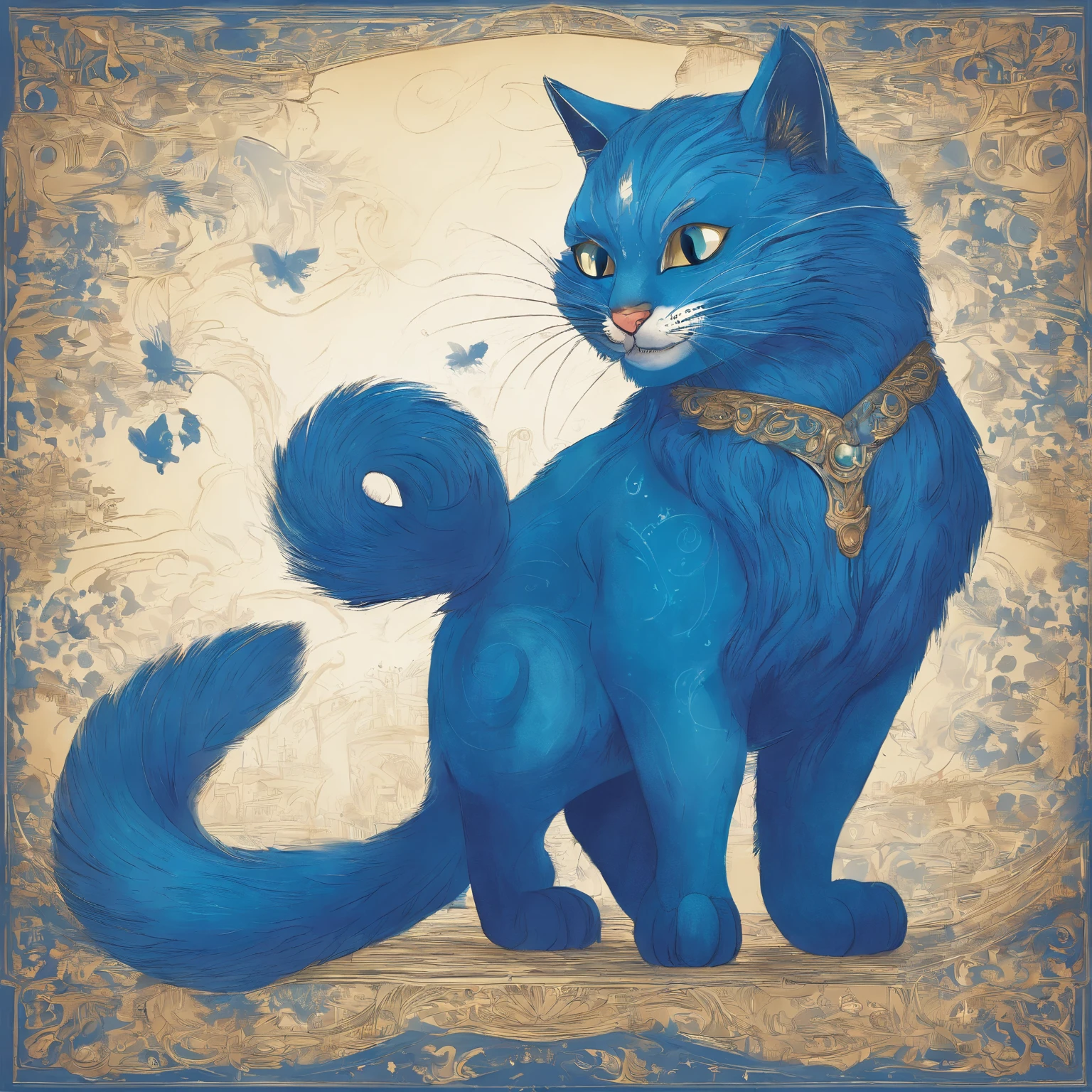 view full body Big blue cat smiling with a wide split mouth Fantastic atmosphere Picture book illustrations Overall, the color is strong blue