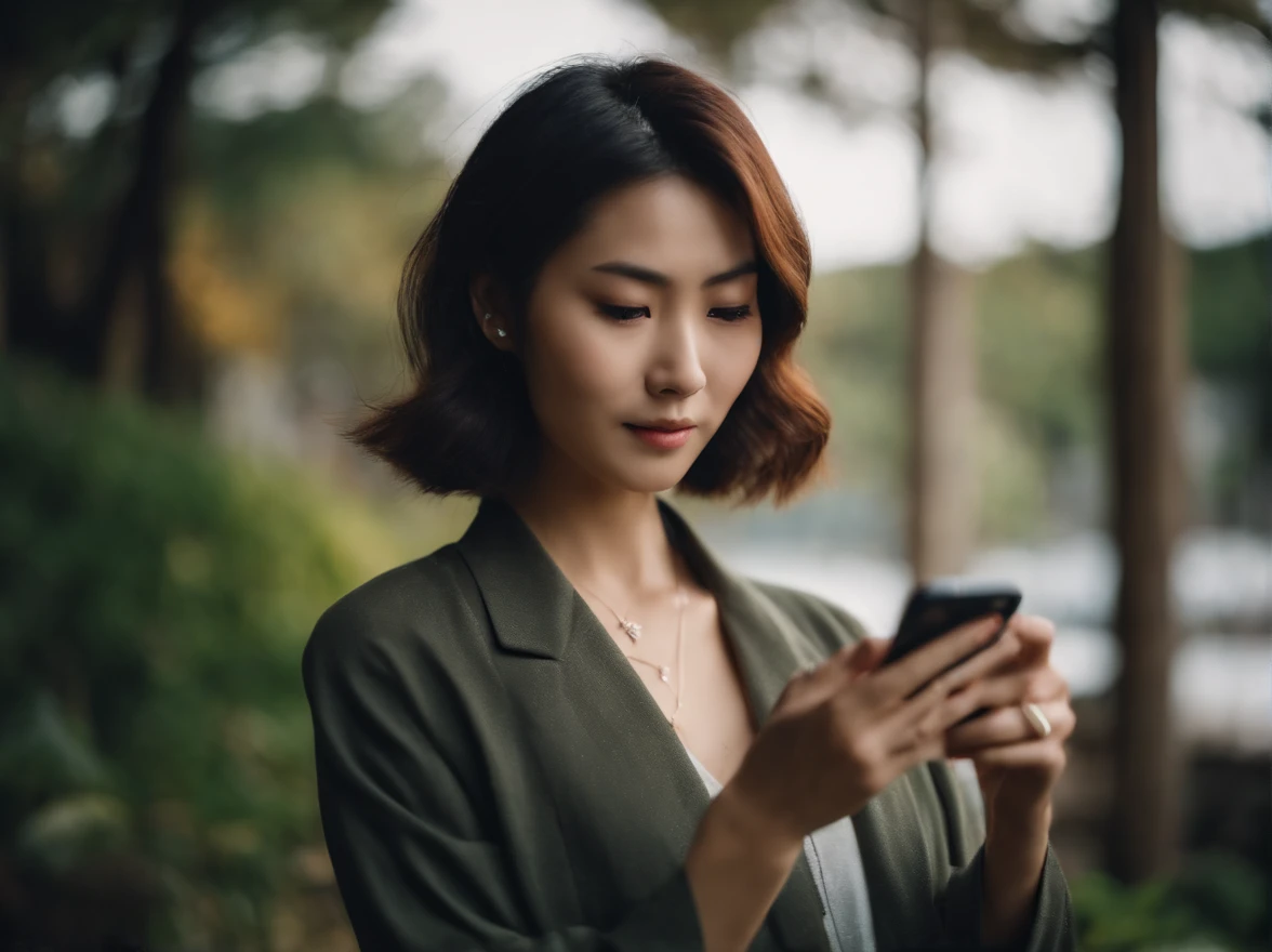 japanes in her 20s femele Holding a smartphone Bob Hair soio