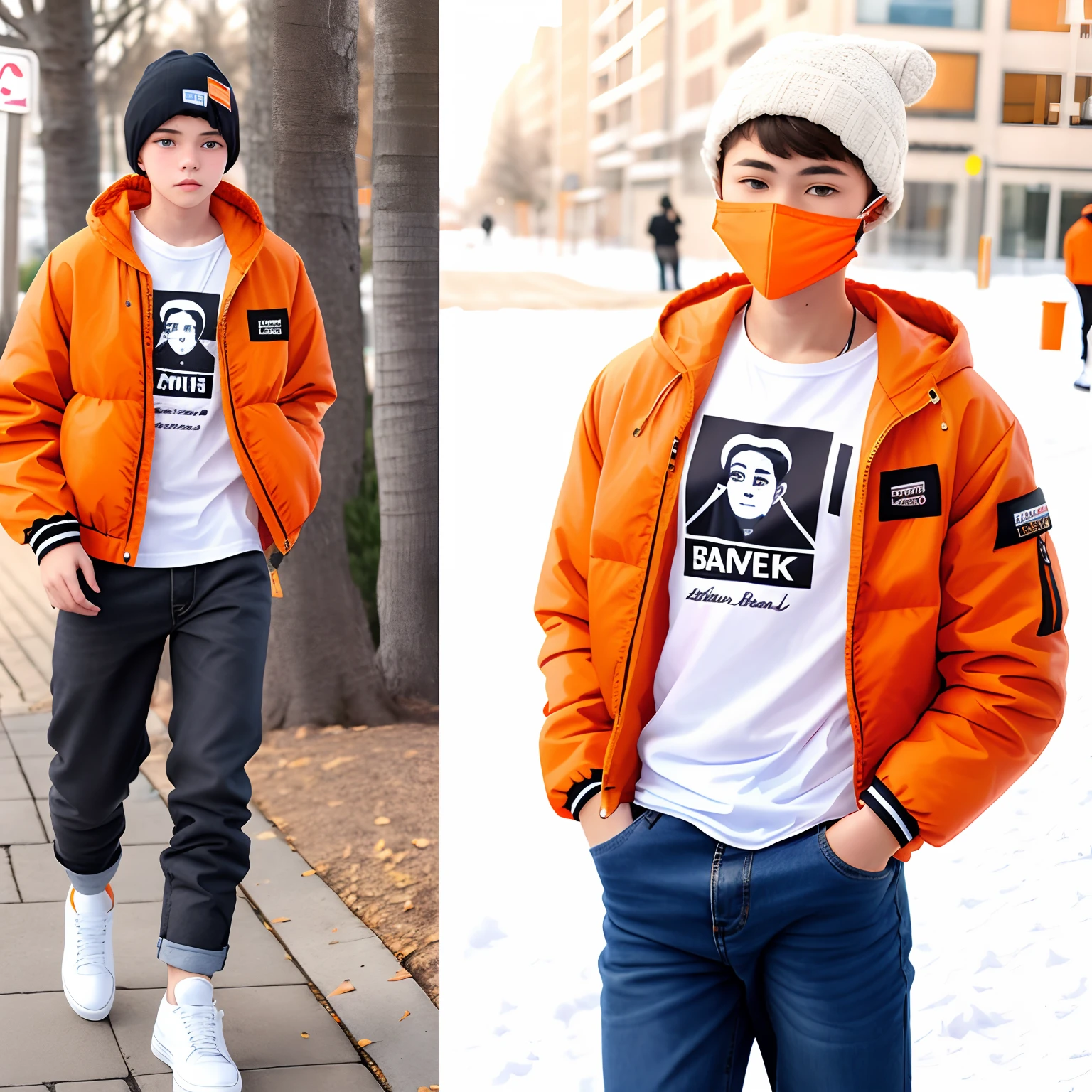 Tan, age boy wearing an orange ski mask, white tee shirt, puffy orange jacket, baggy blue jeans and black and white sneakers