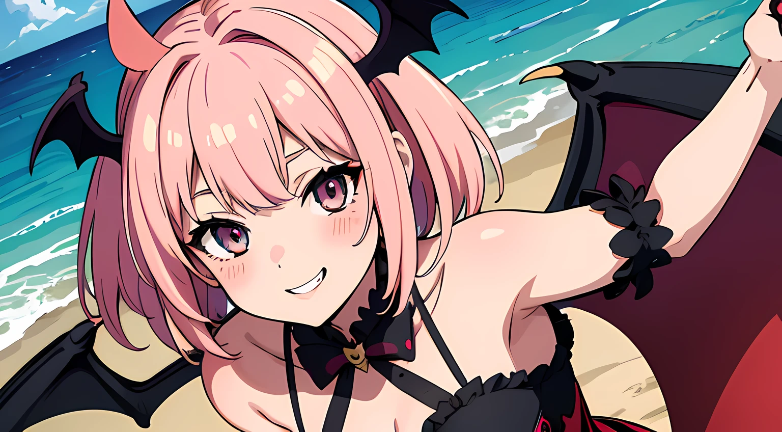 (1 vampire girl, with small bat wings on head),(beautiful eyes finely detailed, Face to detail, multi colored hairs), wearing summer dress, twerking pose to you, seductive facial expression, smiling with teeth, blush on her face, at the beach, camera angle from top, looking at you, ​masterpiece, top-quality, detailed, High resolution illustration