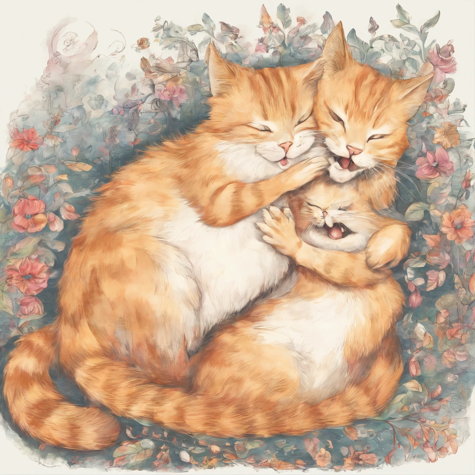 A cat is lying on its back, yawning, Lick out, funny cat, he is very relaxed, rocking out, two headed cat, squinting, sleeping cat, with her mouth open, Tongue out, Happy with open mouth, highly relaxed, the cat is smiling, In the chill position, relaxed expression, She is lying on her back