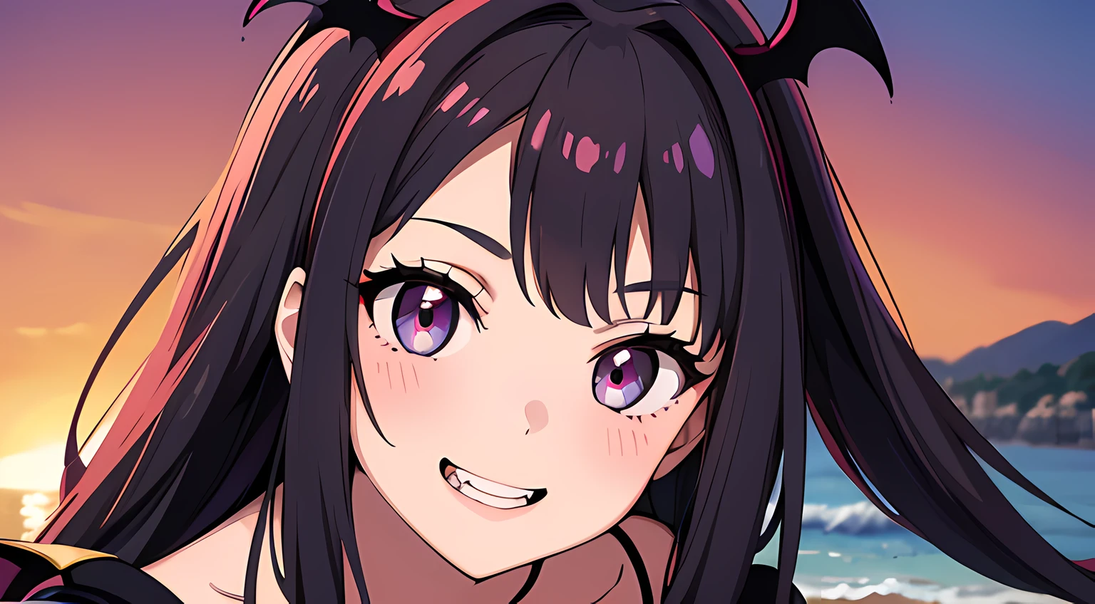 (1 vampire girl, with small bat wings on head),(beautiful eyes finely detailed, Face to detail, multi colored hairs), wearing summer dress, twerking pose to you, seductive facial expression, smiling with teeth, blush on her face, at the beach, camera angle from top, looking at you, ​masterpiece, top-quality, detailed, High resolution illustration