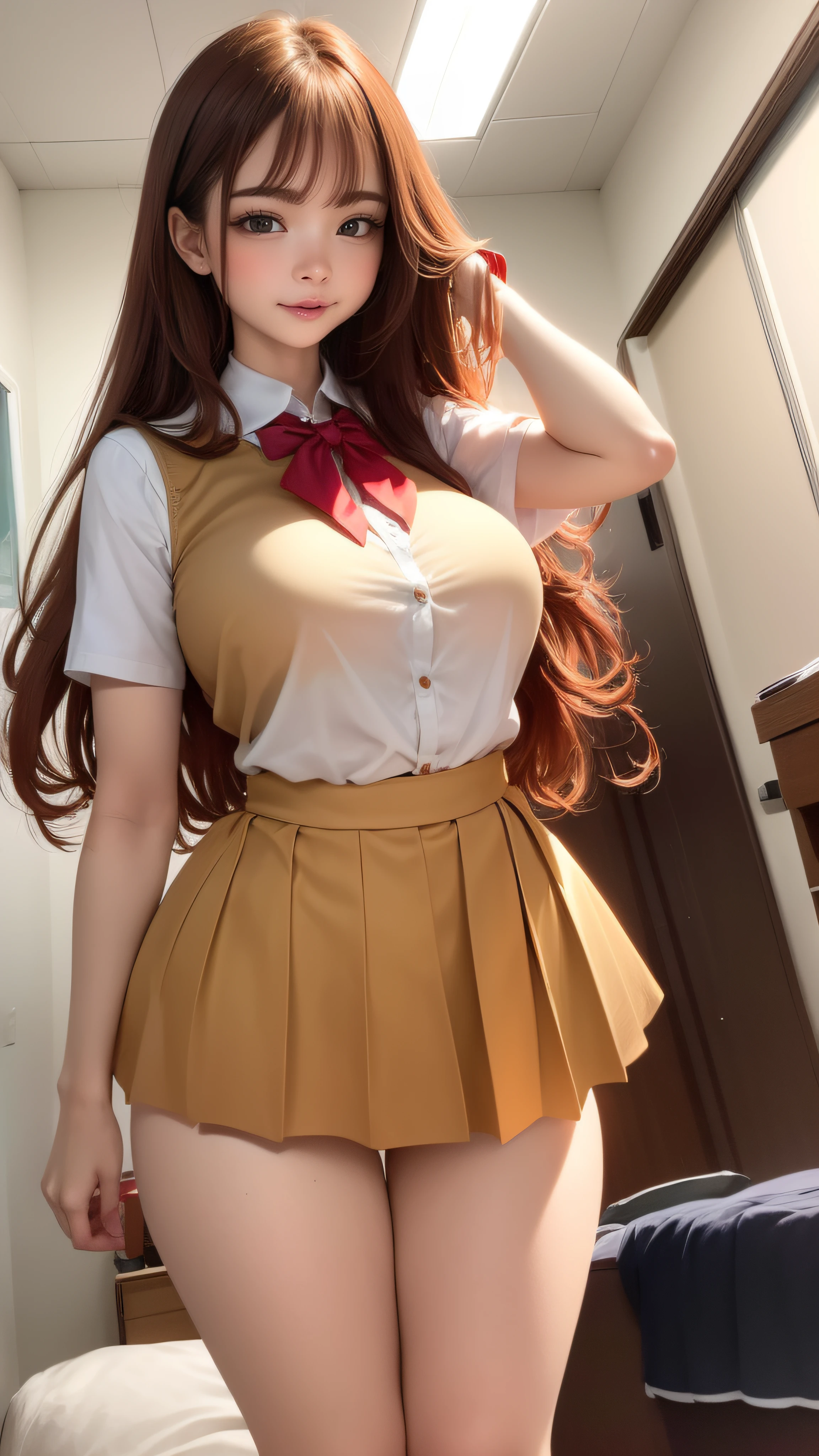 porn image.(from below:1.2),(1girl,ultra detailed skin,curvy,petite,beautiful breasts,large breasts,pale skin,pointy breasts,erect nipples),(Hyperrealist portrait,(8k),ultra-realistic,high detail,high resolution,best quality,masterpiece,Sense of presence,Dynamic,bold),(thin and soft hair:1.8),(straight hair),(Swept long bangs),(extra light coppery amber hair),(hair over one eye),(clothed:1.5,school uniform:1.5)