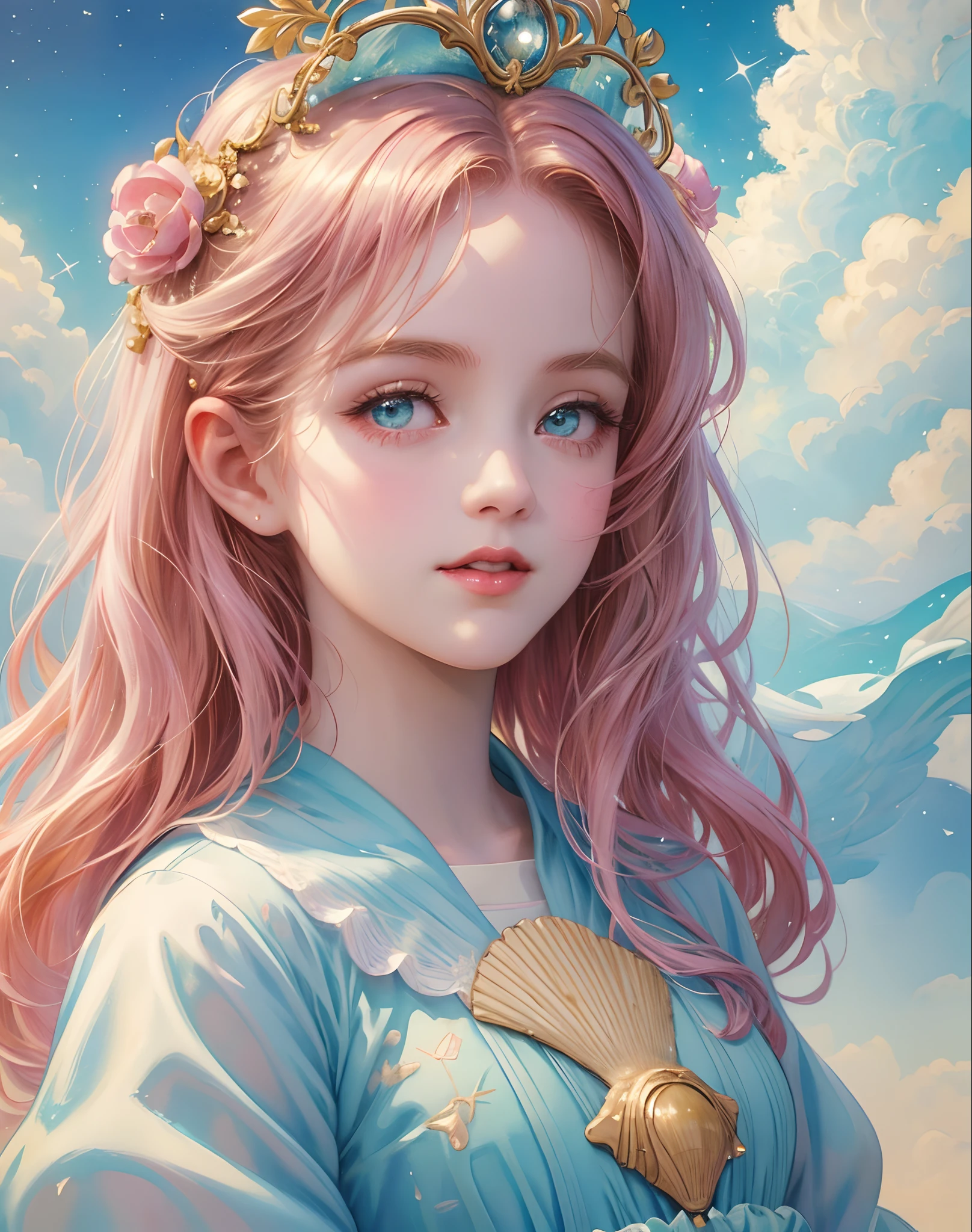 Princess girl with wing, Blue, Pastel, glitter, dramatic, dreamy, pastel, Watercolor, Whimsical, Delicate, seashell crown, Trending on Artstation, Highly detailed, Intricate, Portrait, digital painting, Fantasy theme, Fantasy robes, Fantasy concept art, Fantasy character art, Smug, Teenage girl, perfect body, full body, dreamy, pastel, Watercolor, Whimsical, Delicate, seashell crown, art by loish and lois van baarle, Trending on Artstation, Highly detailed, Intricate, Portrait, digital painting, (Cinematic Photo:1.3) of (Realistic:1.3),(Amusing:1.3) chibi, constellation, (1girl, solo:1.2), (chibi:1.3), eyeliner, eyelashes, looking at viewer, (shiny skin:0.16), (pale skin:0.33), (body blush:0.38), eyes beautiful, anime, realistic, masterpiece, best quality, movie still, cloud girl, floating in the sky, (close-up:1.1), bright, happy, fun, soft lighting,Highly Detailed,(Art Nouveau:1.3),(Baroque Art:1.3),(80s Art:1.3),naturalism,land Art,regionalism,shutterstock contest winner,trending on unsplash,featured on Flickr