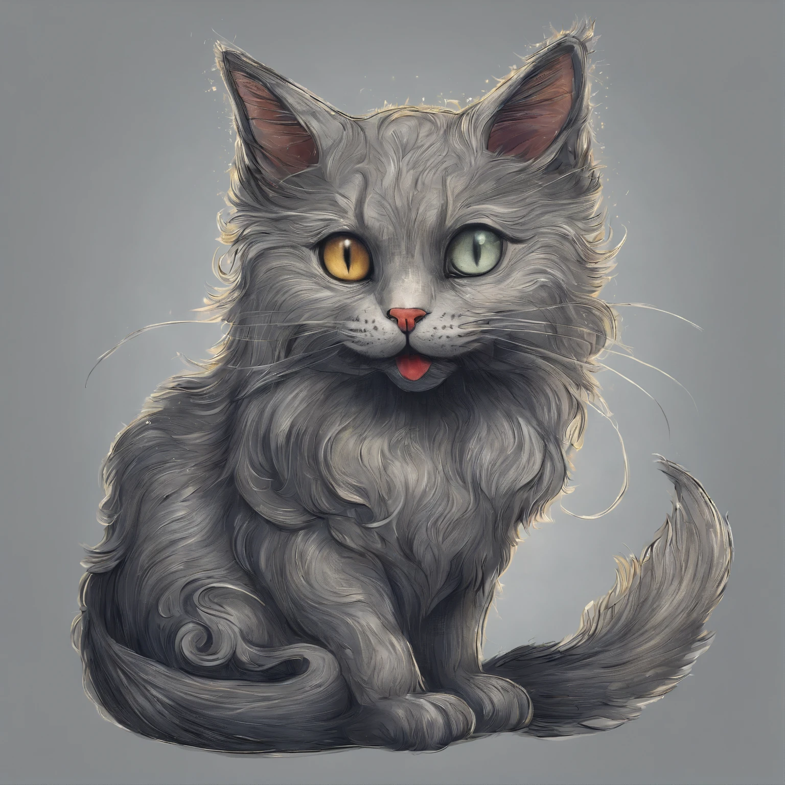 A grey cat sticks out its tongue