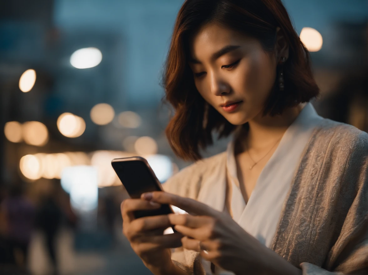 japanes　in her 20s　femele　Holding a smartphone　Bob Hair　soio　发光