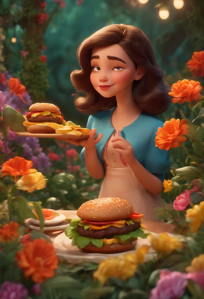 Be a girl,Surrounded by flowers,style of disney animation, She's eating hamburgers, 3D, k hd,Disney