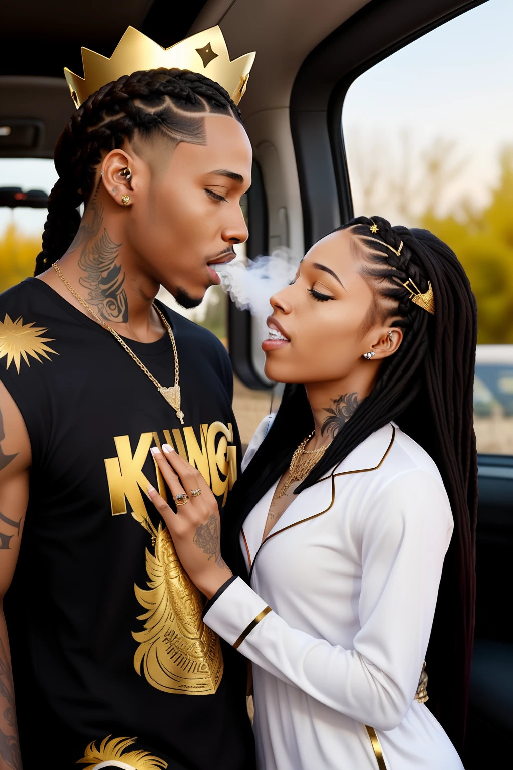 3D Light Skinned Couple, In The Car Background, Male Braids, Female Long Black Hair, Gold Crowns, Gold Chains That Say King And Queen, Male, Tattoos, Female Pajamas, Both Blowing Smoke Into Each Other Mouth, Hennessy