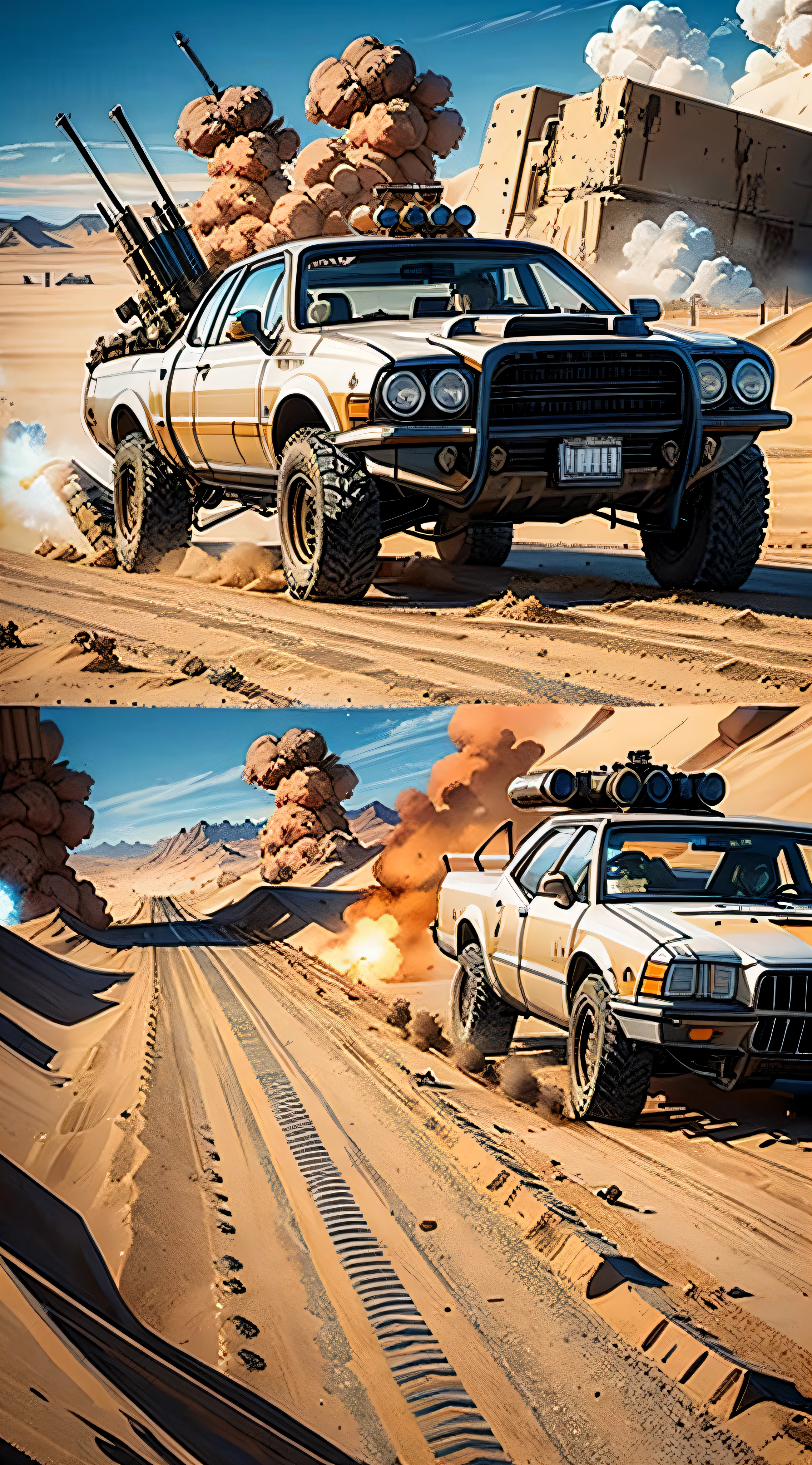 Mad max style vehicles shooting missiles and guns at eachother as they race through the desert.