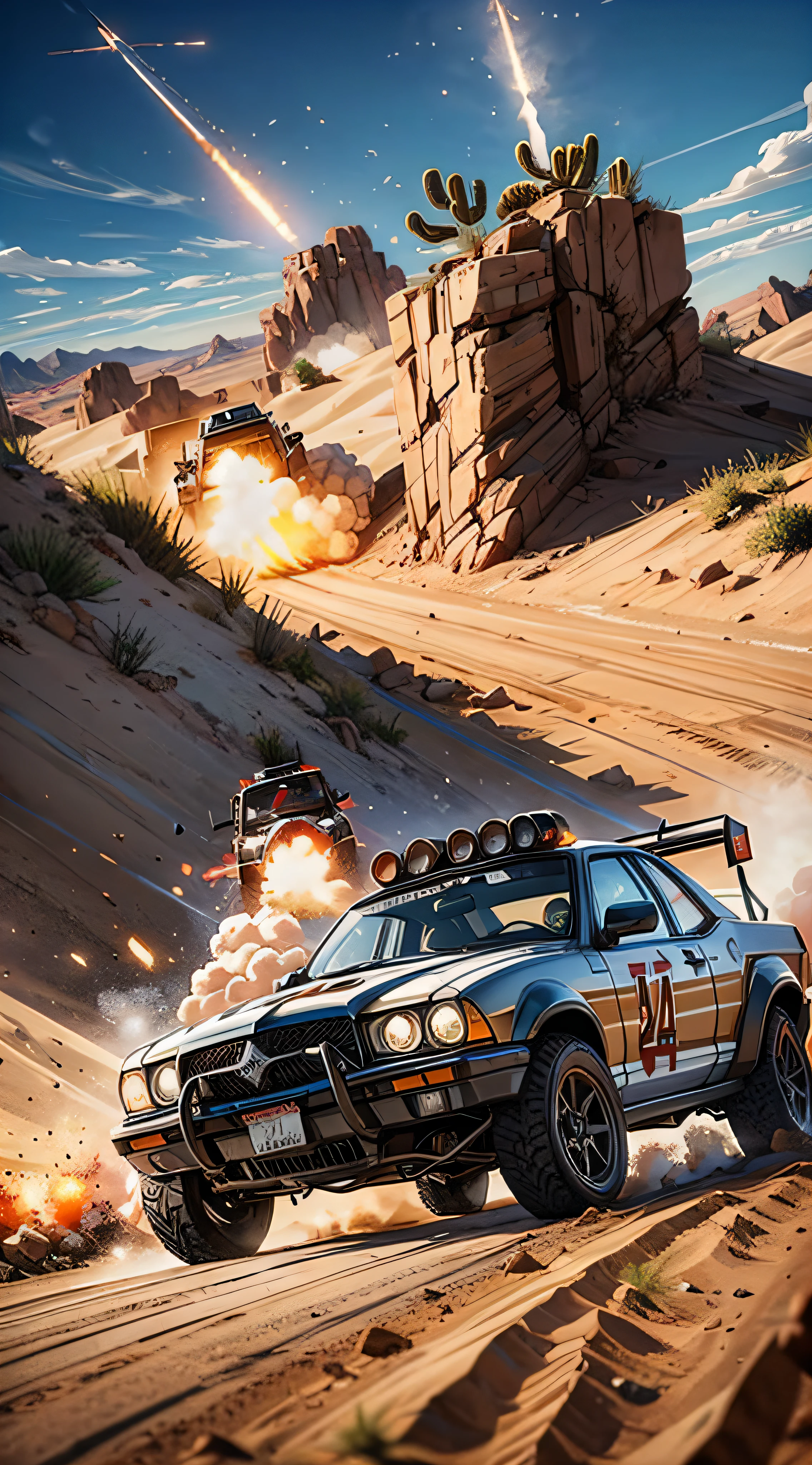 Mad max style vehicles shooting missiles and guns at eachother as they race through the desert.