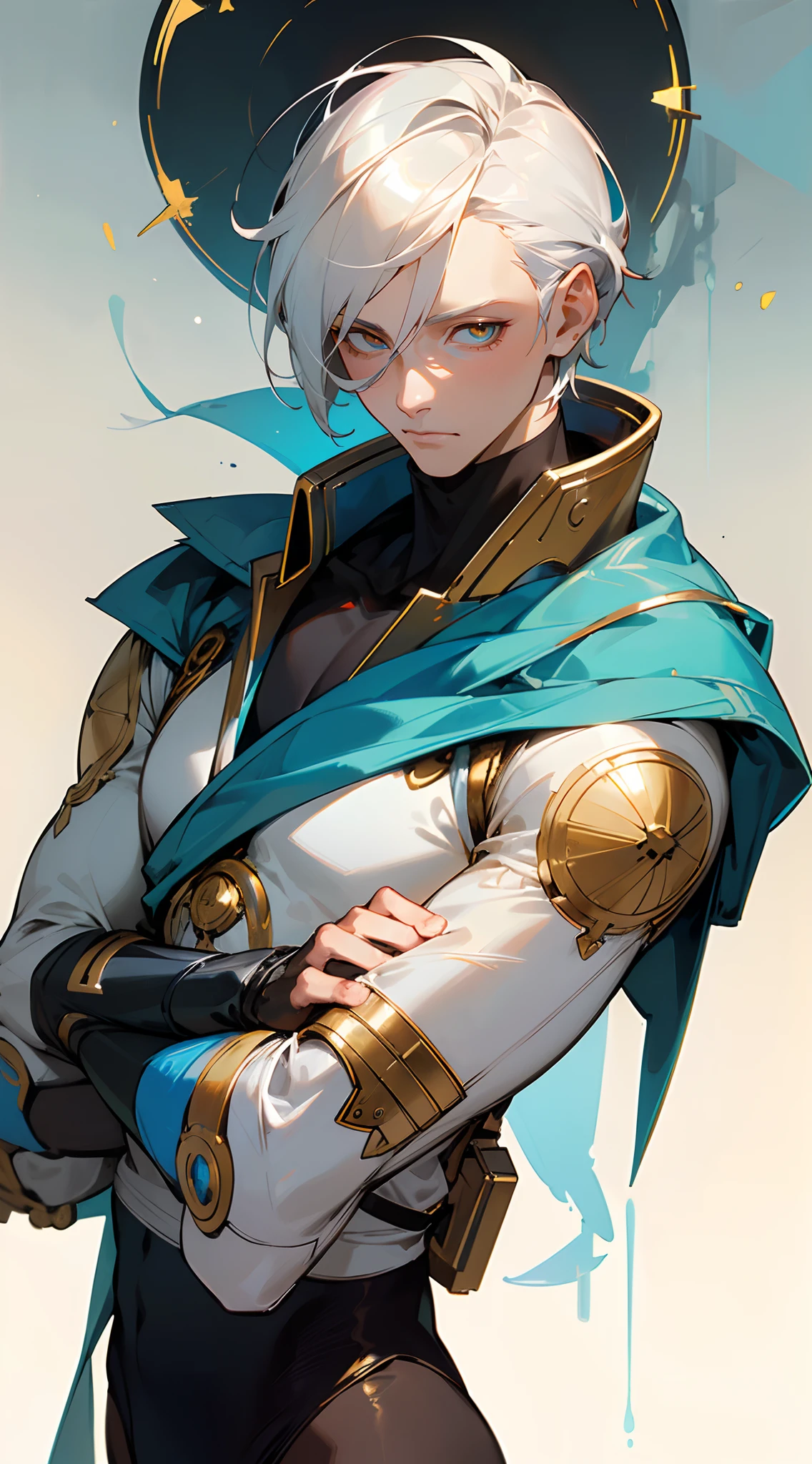 Handsome man , White hair , very Short hair , gold eyes , light skin , mature man , pale skin , muscular, tall , age 35 ,
in the style of cyberpunk futurism, african influence, etam cru, light blue and gold, michael creese, steelpunk, michael hussar, white background
(masterpiece, best quality:1.3),beautiful detailed glow,best illuminate,(((best quality,textile shading,ultra detailed))),extremely detailed CG unity 8k wallpaper,Highly Detailed beautiful and aesthetic,best light,high resolution,detailed,dynamic lighting , 1Character , pastel washed out colors , cell shade , soft, muted shades ,gentle colors ,