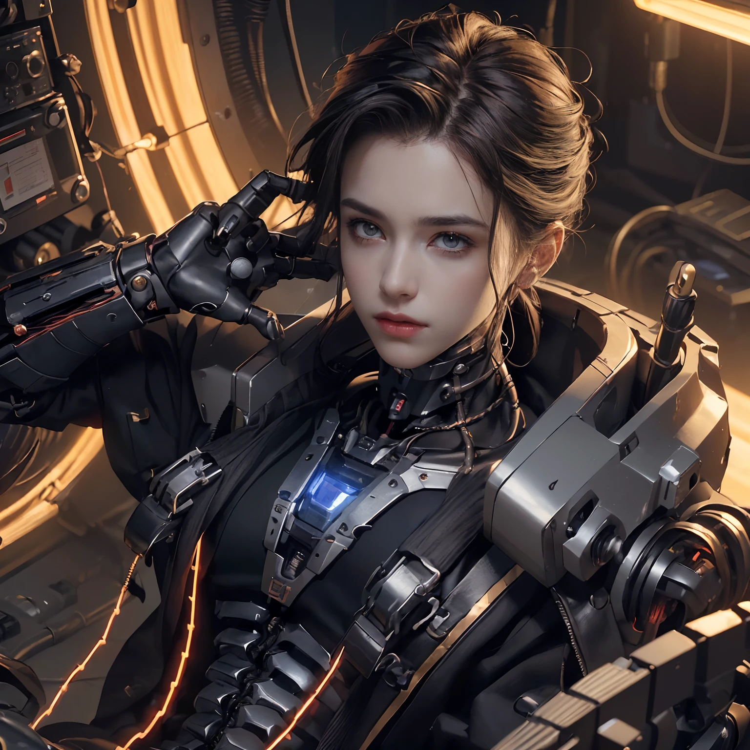 (male), ((Best quality, 8k, Masterpiece :1.3)), Full body, Male robot (((masterpiece))), ((best quality)), (very detailed), (CG illustration), (an very cunning and powerful)), cinematic light, ((1 mechanical girl)), single, (machine-made life), ((mechanical limbs)), ((mechanical cervical vertebra attached to the neck), (serious), ((male -male)), expressions with screams, (wires and cables attached to head and body: 1.5), (character focus), science fiction, end of times.