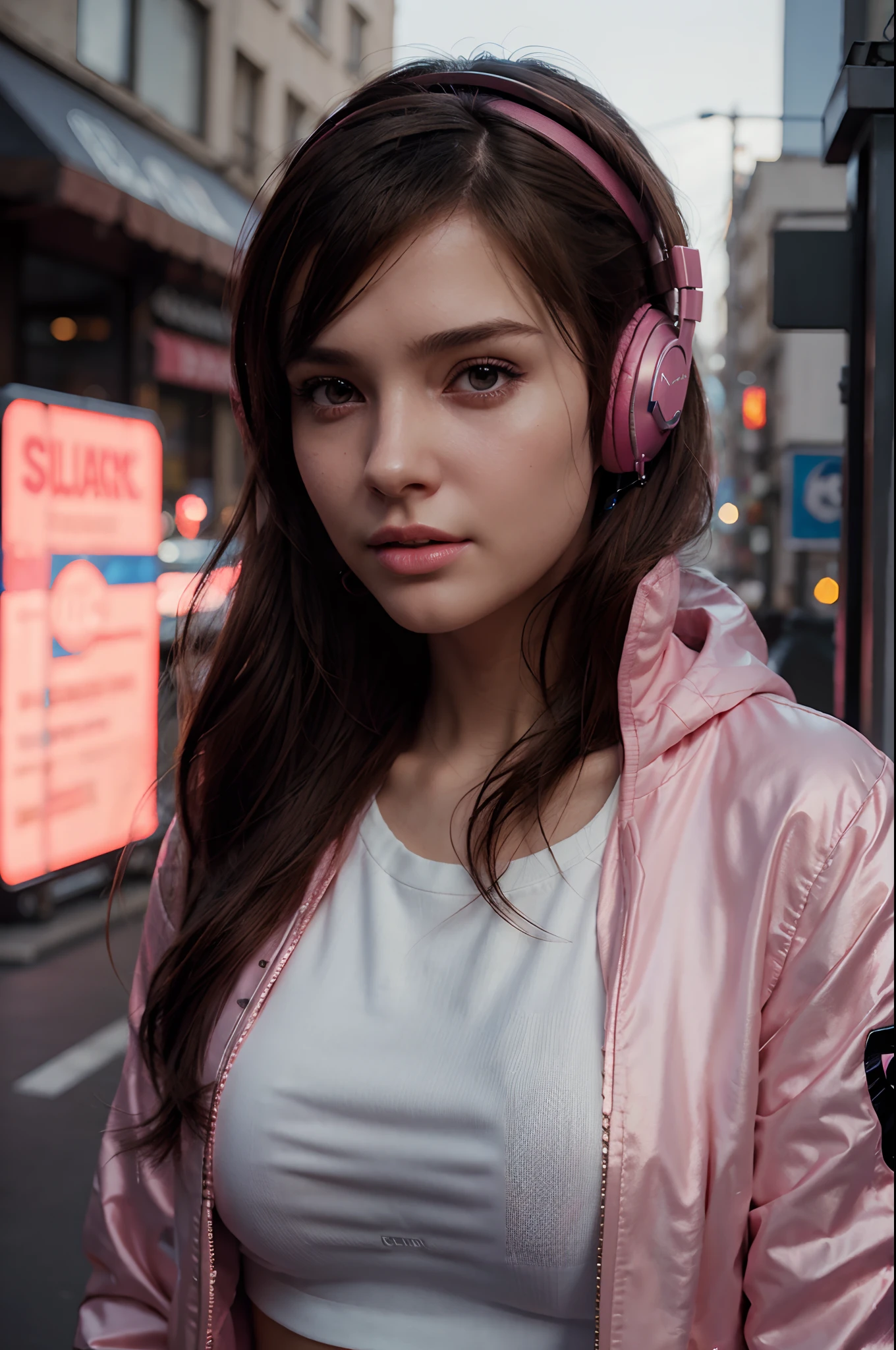 a woman wearing headphones and a pink jacket, a photorealistic painting by Alexander Kucharsky, cgsociety, photorealism, ilya kuvshinov, daz3d, photorealistic