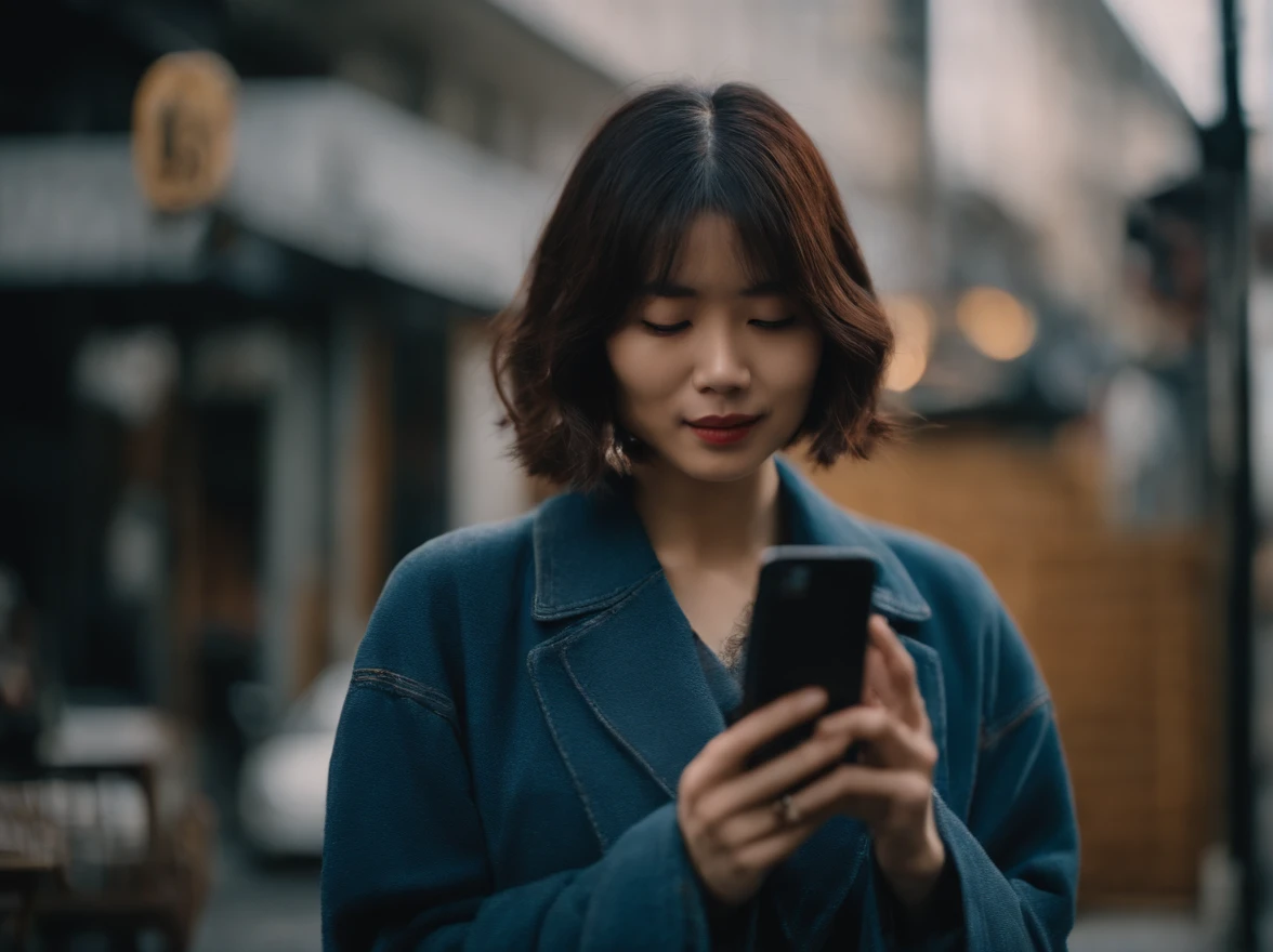japanes in her 20s femele Holding a smartphone Bob Hair soio weather