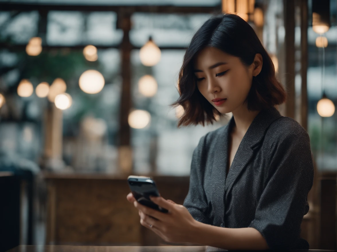 japanes　in her 20s　femele　Holding a smartphone　Bob Hair　soio　weather