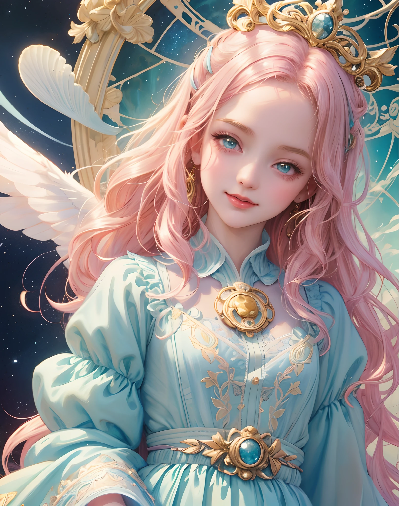 Princess girl with wing, Blue, Pastel, glitter, dramatic, dreamy, pastel, Watercolor, Whimsical, Delicate, seashell crown, Trending on Artstation, Highly detailed, Intricate, Portrait, digital painting, Fantasy theme, Fantasy robes, Fantasy concept art, Fantasy character art, Smug, Teenage girl, perfect body, full body, dreamy, pastel, Watercolor, Whimsical, Delicate, seashell crown, art by loish and lois van baarle, Trending on Artstation, Highly detailed, Intricate, Portrait, digital painting, (Cinematic Photo:1.3) of (Realistic:1.3),(Amusing:1.3) chibi, constellation, (1girl, solo:1.2), (chibi:1.3), eyeliner, eyelashes, looking at viewer, (shiny skin:0.16), (pale skin:0.33), (body blush:0.38), eyes beautiful, anime, realistic, masterpiece, best quality, movie still, cloud girl, floating in the sky, (close-up:1.1), bright, happy, fun, soft lighting,Highly Detailed,(Art Nouveau:1.3),(Baroque Art:1.3),(80s Art:1.3),naturalism,land Art,regionalism,shutterstock contest winner,trending on unsplash,featured on Flickr