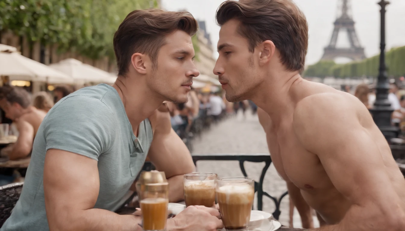 photo of stunning two handsome muscular Thai men kissing sitting outdoors at a French cafe near Eiffel Tower, Paris, no female, honey eyes, short messy windy dark brown hair, flipping hair, closeup zoomed in tight crop portrait, people watching, top-view (outdoor french coffee shop scene:1.2) (day time:1.2) wearing a (linen shorts and no shirt:1.3) (Lighting-dark green:1.2) foreground objects background details (masterpiece:1.2) (photorealistic:1.2) (bokeh:1.2) (best quality) (color grading) (detailed skin:1.3) (no shirt:1.3) (intricate) (8k) (HDR) (cinematic lighting:1.3) (sharp focus) (fix fingers), messy windy hair, Location Paris France