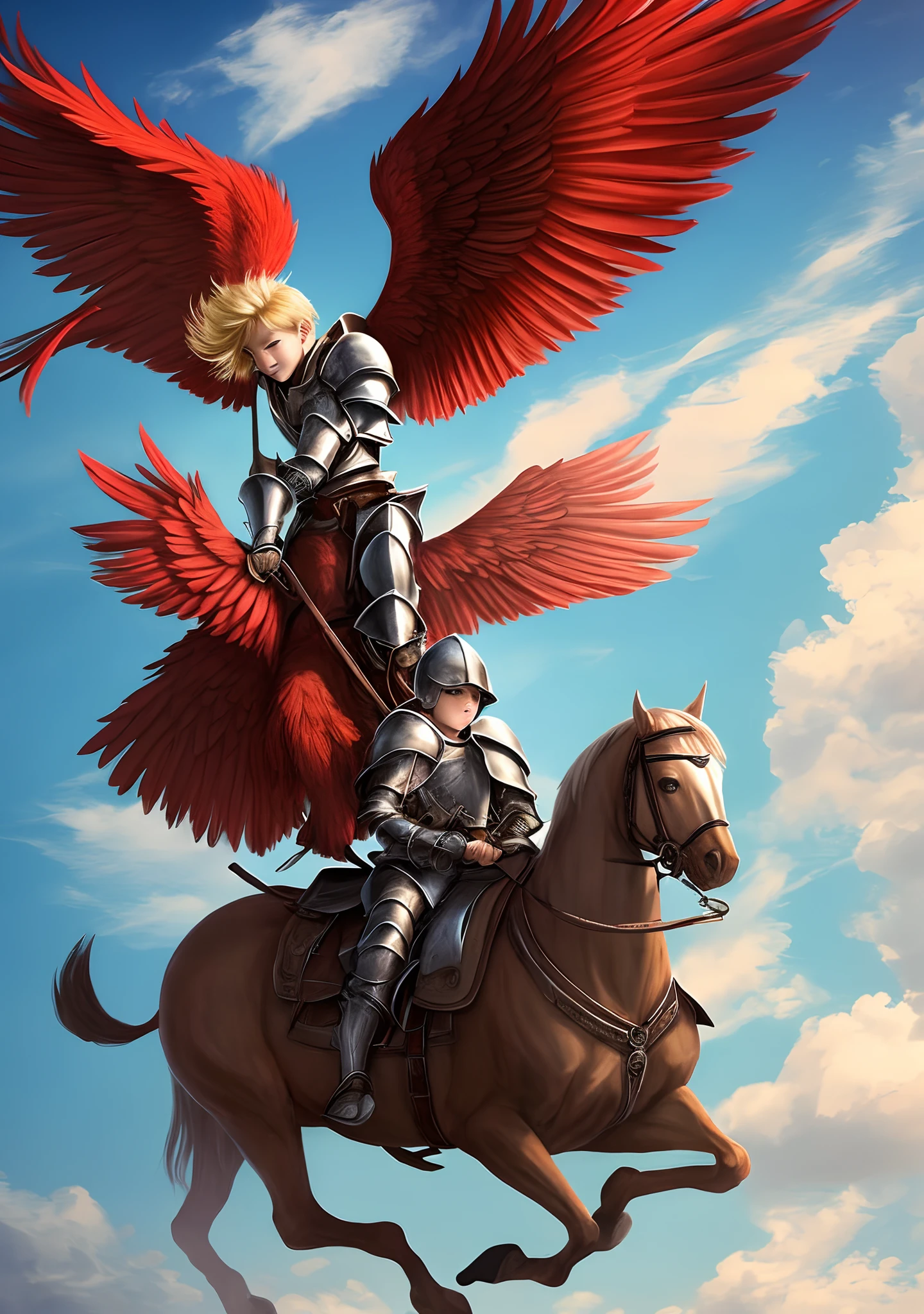 A fantasy style picture of A blond boy riding a red dragon with wings in the sky with red medieval style armor and has red colored eyes