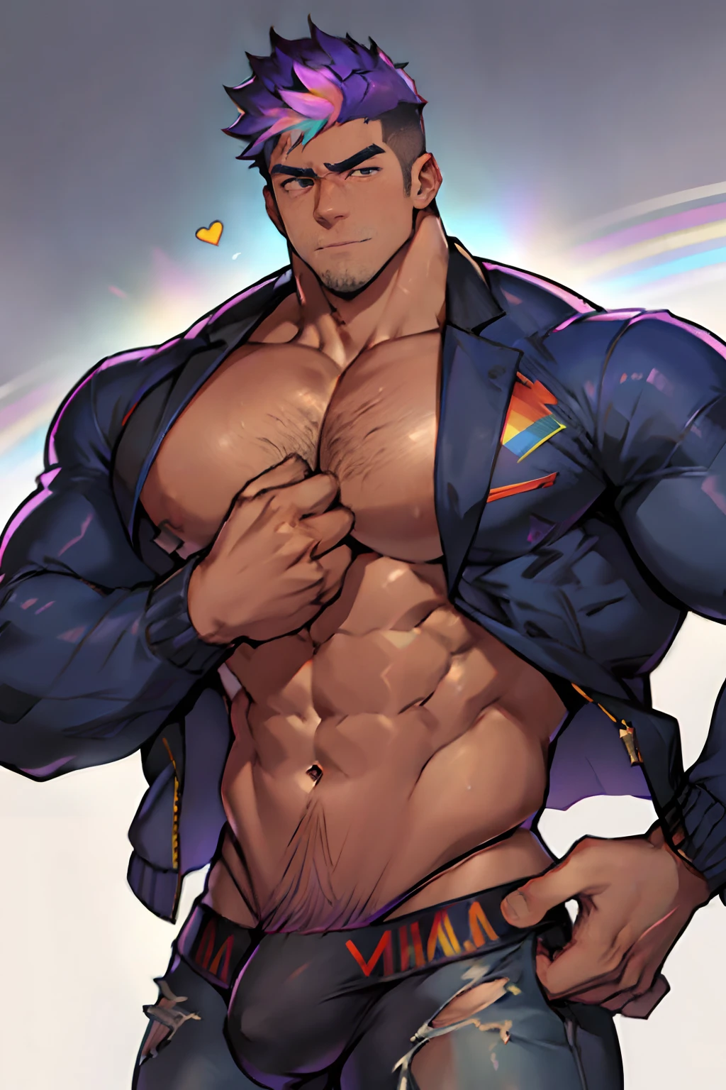 1boy,male focus,jacket,pectorals extremely masculine muscular character, ripped clothes, shirtless, huge bulge, ,open clothes,short hair, rainbow male, giant muscles, superhuman, giant bulge,