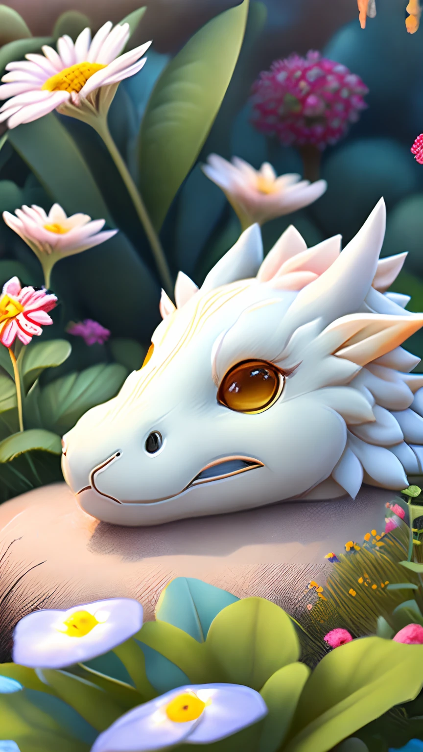 Cute white dragon、Sleeping in a flower garden、Cute depictions、Beautiful composition、Fantastical、Masterpiece、８Ｋ