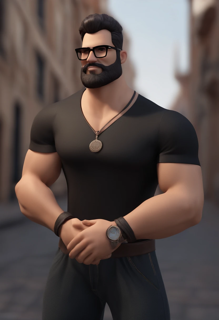 Cartoon character of a brunette man with black glasses like Renato Russo's and a black polo shirt, cabelo liso e curto, With beard and tribal tattoo on arm, animation character, Caractere estilizado, animation style rendering, 3D estilizado, Arnold Maya render, 3 d render stylized, toon render keyshot, Personagem 3D, Personagem 3D, 3d rendering stylized, 3 d character render, personagem de desenho animado, Personagem de close up, Pose de personagem, (Estilo Pixar) (master part:1.2) (Bokeh) (best quality) (pele detalhada) (textura detalhada) (8k) (argila) (Cinematic lighting) (foco nítido