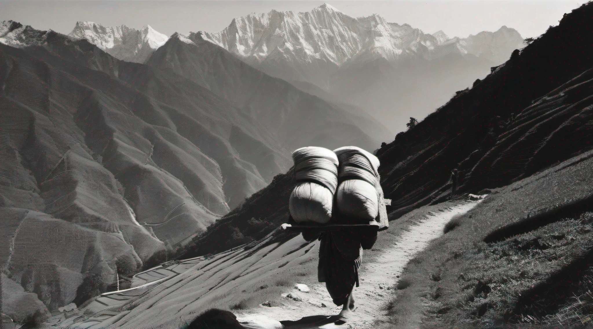 A tamanga porter walking uphill carrying a load on his back in the Nepali mountains