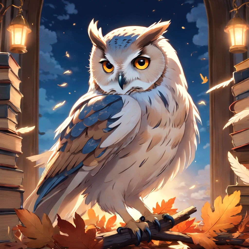 Best Quality,4K,8K,hight resolution,masutepiece:1.2),Ultra-detailed,(Realistic,Photorealistic,Photorealsitic:1.37),season for autumn,In the sky of autumn leaves,(White owl wear a professor hat),Beautiful detailed eyes,beautiful detailed plumage,Sleek and elegant appearance, sky with clouds ,Sharp Focus,Blue-white color palette,Soft natural lighting,Impressive contrast between owls and surroundings,Subtle details of the owl's beak and claws,feathery texture,Quiet autumn atmosphere,Quiet silence and serenity,Ethereal and magical atmosphere,Sensation of subtle movements in the posture of an owl,Impeccable execution of owl feathers,Subtle shadows and highlights of owl feathers,Peaceful and serene atmosphere, a very large library as background, books flying around, light effect from candles, realistic+high intricate details.