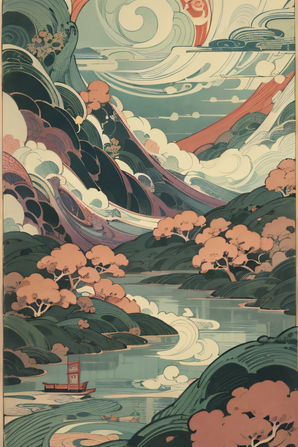 Close-up of a stamp with a lake printed on it, Inspired by Nomi's poster art, behance contest winner, Ukiyo-e, Japanese inspired poster, japan poster, oriental art nouveau, victo ngai style, ( ( victo ngai ) ), illustrated poster, illustration!, artwork in style of sheng lam