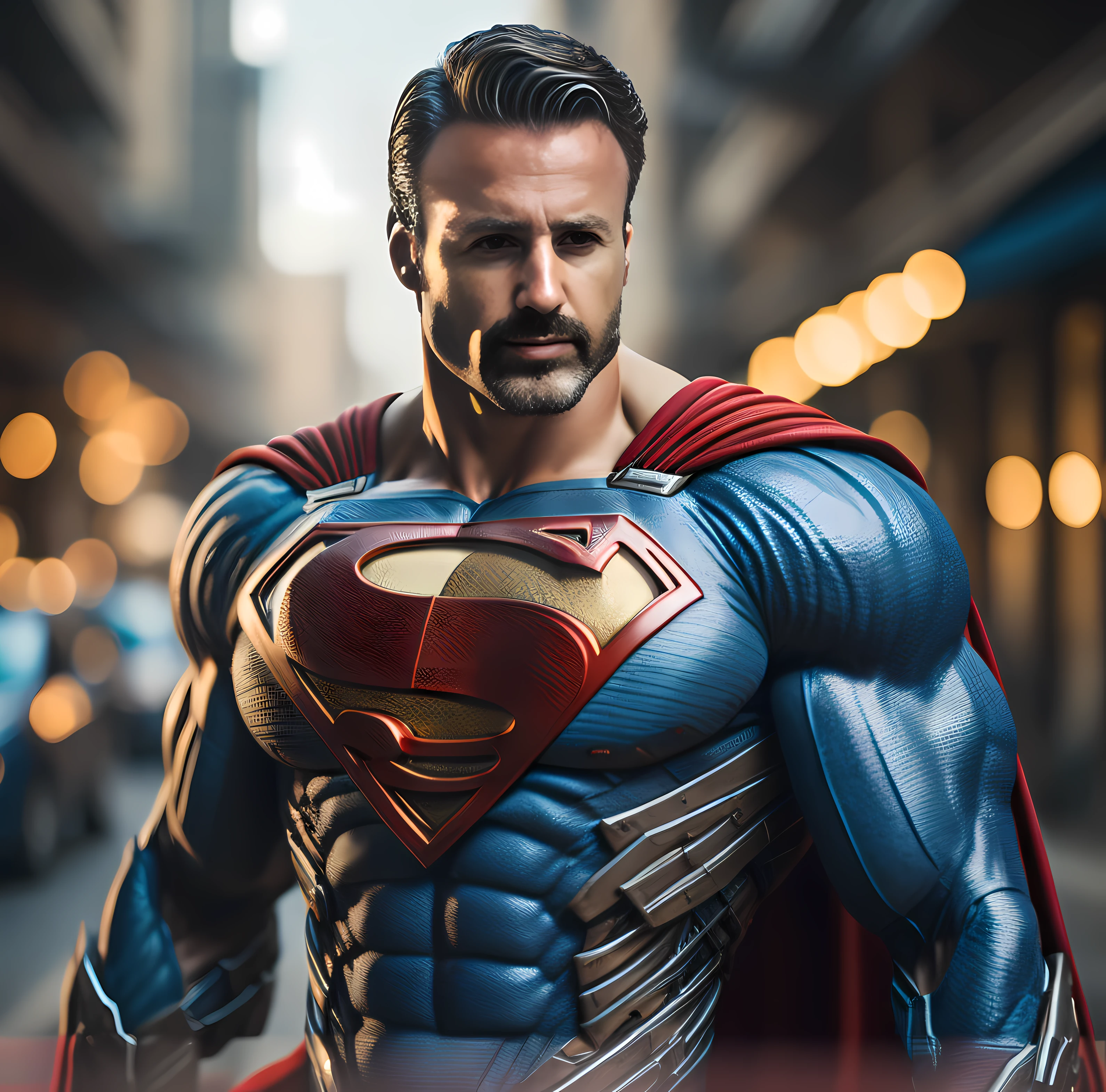 superman in a suit with a red cape and a black mask, superhero portrait, cinematic body shot, cinematic shot epic portraits, highly detailed vfx portrait of, portrait shot 8 k, super photo realistic, highly detailed vfx portrait, super detailed octane render, portrait shot, super realistic photo, hyper photorealistic 4k, photo hyper realistic, hero pose colorful city lighting