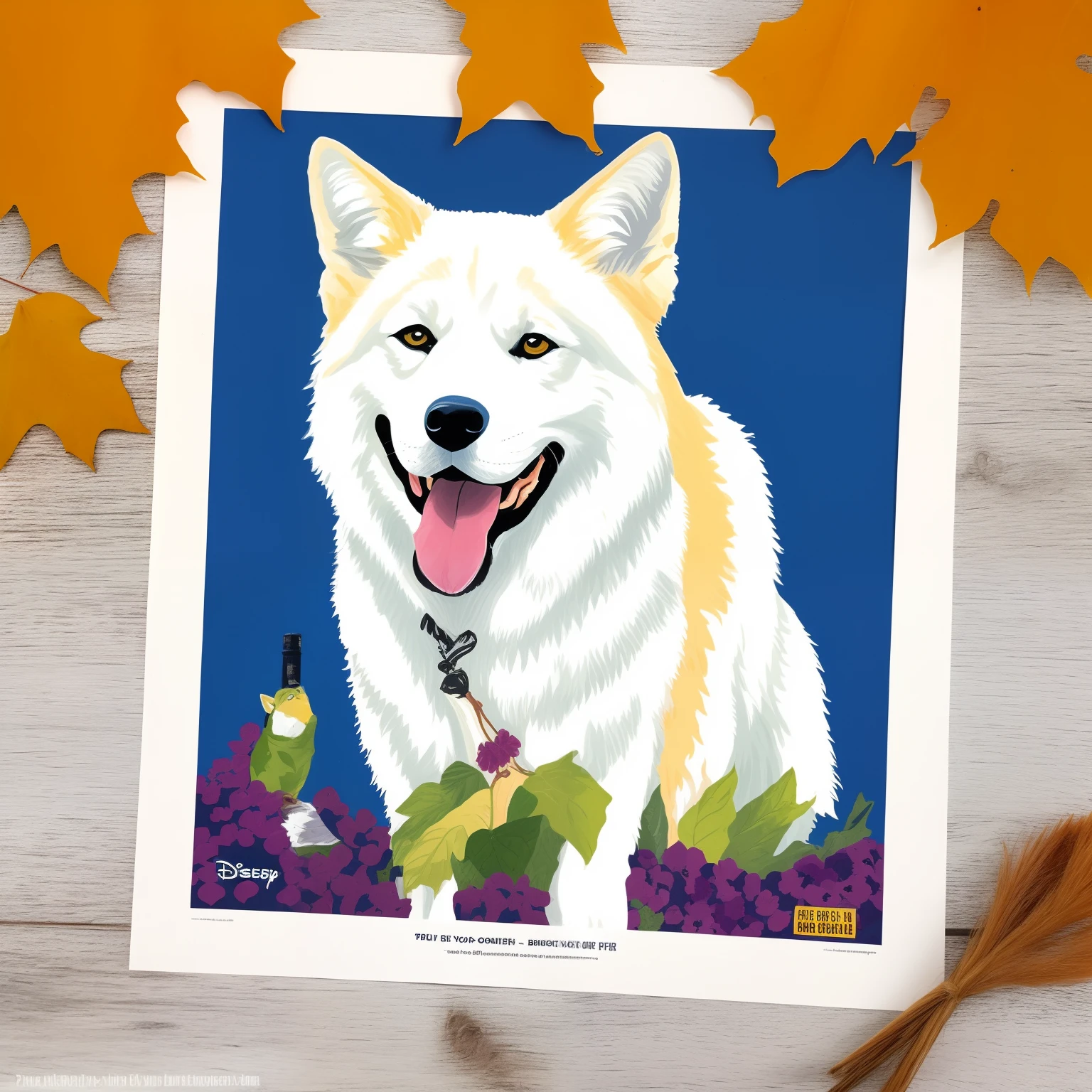 Affiche disney avec un berger blanc suisse assis dans des feuilles mortes