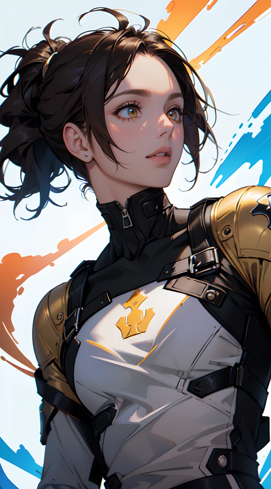 A beautiful mature woman , dark brown hair , extremely long hair , hair in a ponytail , brown eyes , age 41 ,
in the style of cyberpunk futurism, african influence, etam cru, light blue and gold, michael creese, steelpunk, michael hussar, white background
(masterpiece, best quality:1.3),beautiful detailed glow,best illuminate,(((best quality,textile shading,ultra detailed))),extremely detailed CG unity 8k wallpaper,Highly Detailed beautiful and aesthetic,best light,high resolution,detailed,dynamic lighting , 1Character , pastel washed out colors , cell shade , soft, muted shades ,gentle colors ,