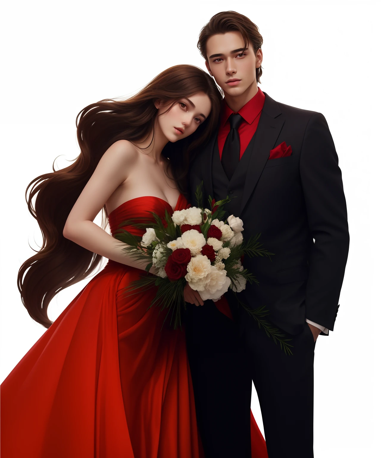 (best quality) Couple , Couple Picture together, Men And women , Sexy Girl , Handsome Man , Girl ( White Pale Skintone , Red Silk Dress , Holding Flower , Long hair , Brown hair , Pretty Face ) Men ( Wearing Suit , Handsome, Elegant , High Value , Clean , Fresh ) Romantic Couple , Flower , UHD ,8K