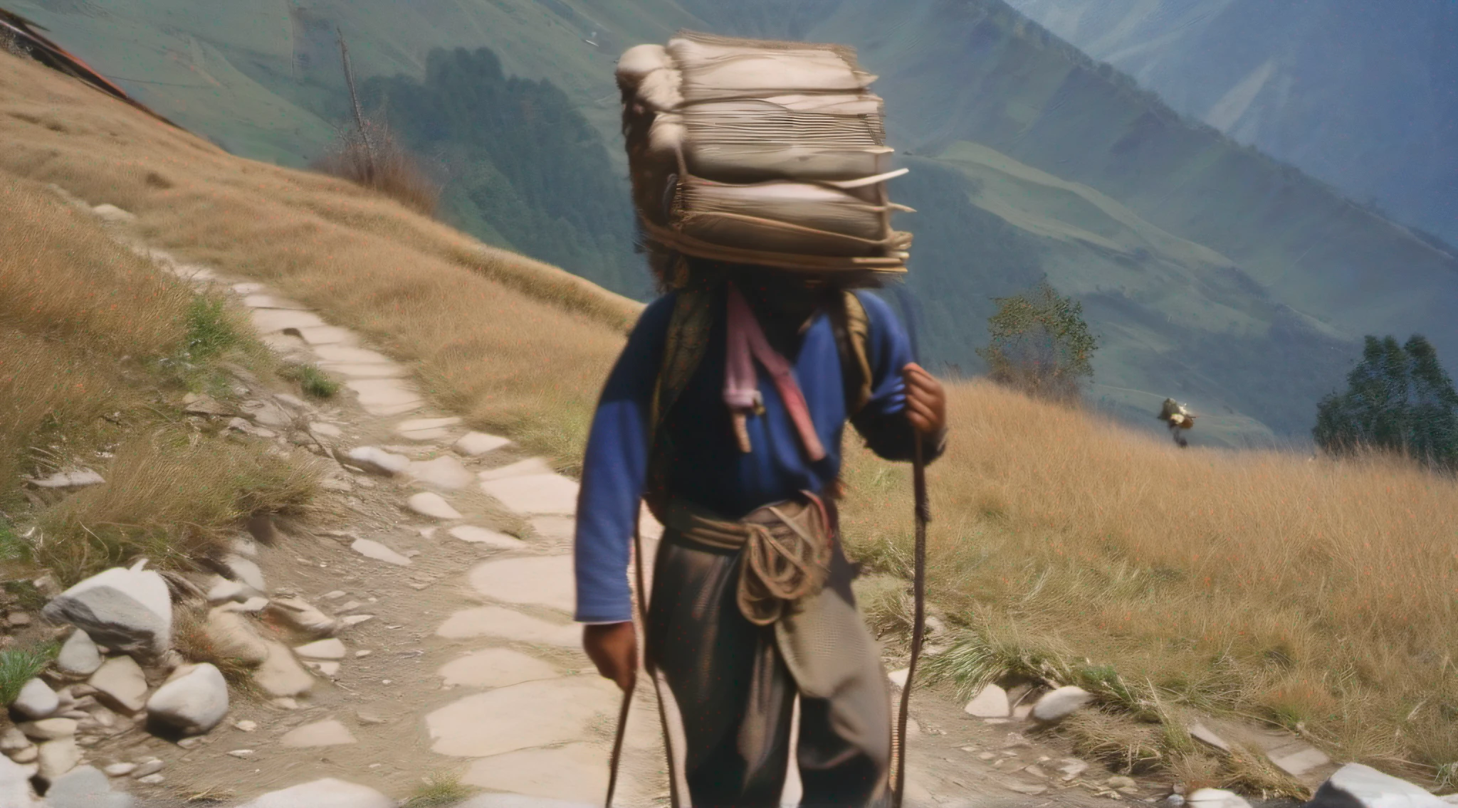 A tamanga porter walking uphill carrying a load on his back in the Nepali mountains. closeup picture.