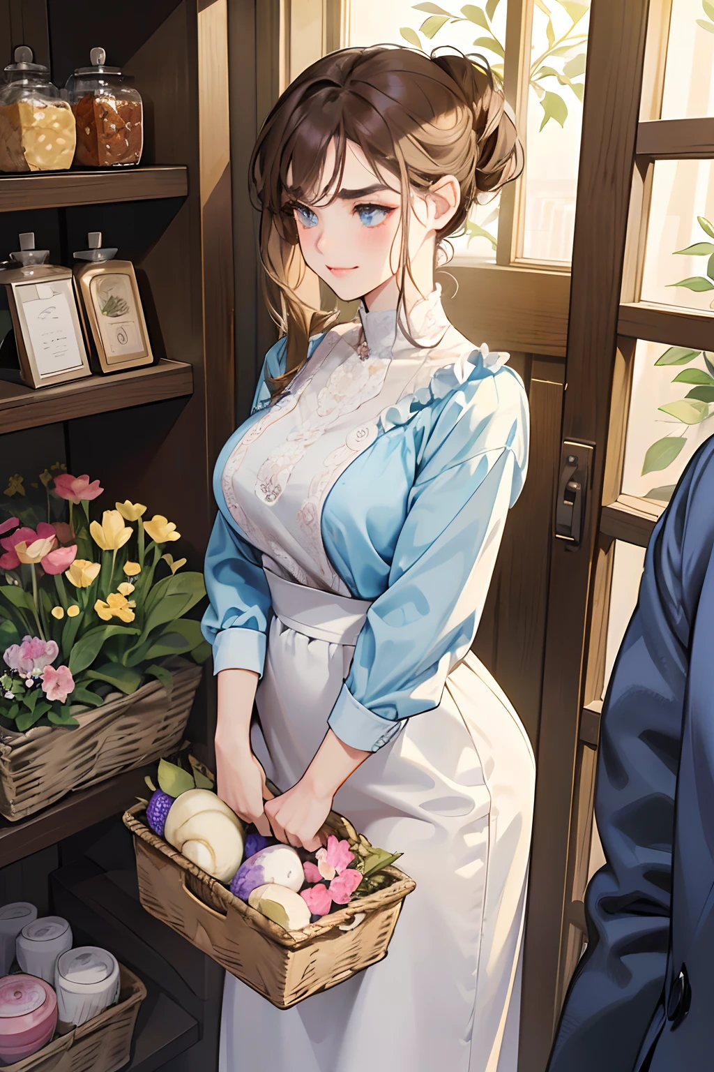 (masutepiece, Digital Art, Digital Illustration, 4K, 8K, Ultra-detailed, beautiful image, Sharp Image, Photorealistic, Raw photo, Perfect face, Perfect lines, Perfect eyes, Soft lighting) 1 woman, (lightbrown hair,Chignon hair in a high position,Innocent look,drooping eyebrows,drooing eyes,with round face,Innocence,cute little,big eye,natural make up,kindly smile,Colossal tits,23 y-o woman:1.3),Two handsome men in suits, (ember,Men in suits,well-muscled,Firm shoulder width,Adult male,Boyish hairstyle,Man in his 30s with a cool expression,28-year-old man with bright smile:1.2),Flower Shop,In the storefront of a florist,Flower Cottage,colorful flower,Skinny Denim,Lace White Shirt,Rough knit,(Nervous,be shy,sleepy,embarrassed from:1.1),Open your thin mouth,Standing picture,floral arrangements,innocent smiles,Looking at the camera,Dating,(compact,Light blue lapin),picnic,A wicker basket filled with sandwiches,Placemat