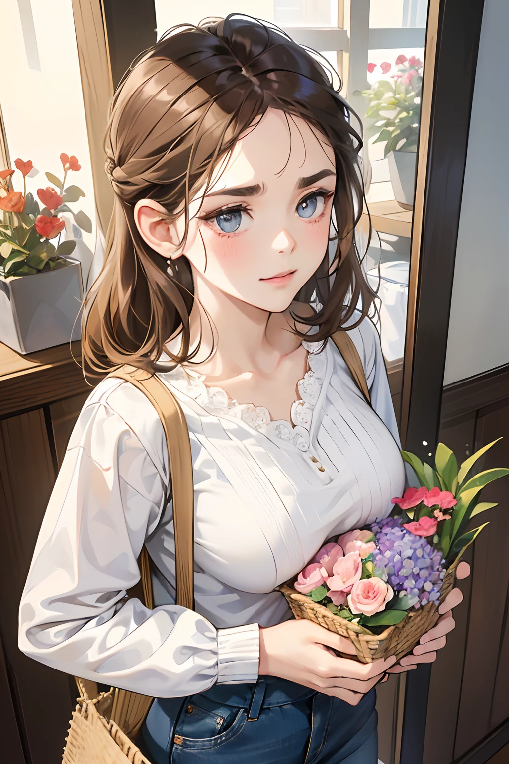 (masutepiece, Digital Art, Digital Illustration, 4K, 8K, Ultra-detailed, beautiful image, Sharp Image, Photorealistic, Raw photo, Perfect face, Perfect lines, Perfect eyes, Soft lighting) 1 woman, (lightbrown hair,Chignon hair in a high position,Innocent look,drooping eyebrows,drooing eyes,with round face,Innocence,cute little,big eye,natural make up,kindly smile,Colossal tits,23 y-o woman:1.3),Two handsome men in suits, (ember,Men in suits,well-muscled,Firm shoulder width,Adult male,Boyish hairstyle,Man in his 30s with a cool expression,28-year-old man with bright smile:1.2),Flower Shop,In the storefront of a florist,Flower Cottage,colorful flower,Skinny Denim,Lace White Shirt,Rough knit,(Nervous,be shy,sleepy,embarrassed from:1.1),Open your thin mouth,Standing picture,floral arrangements,innocent smiles,Looking at the camera,Dating,(compact,Light blue lapin),picnic,A wicker basket filled with sandwiches,Placemat