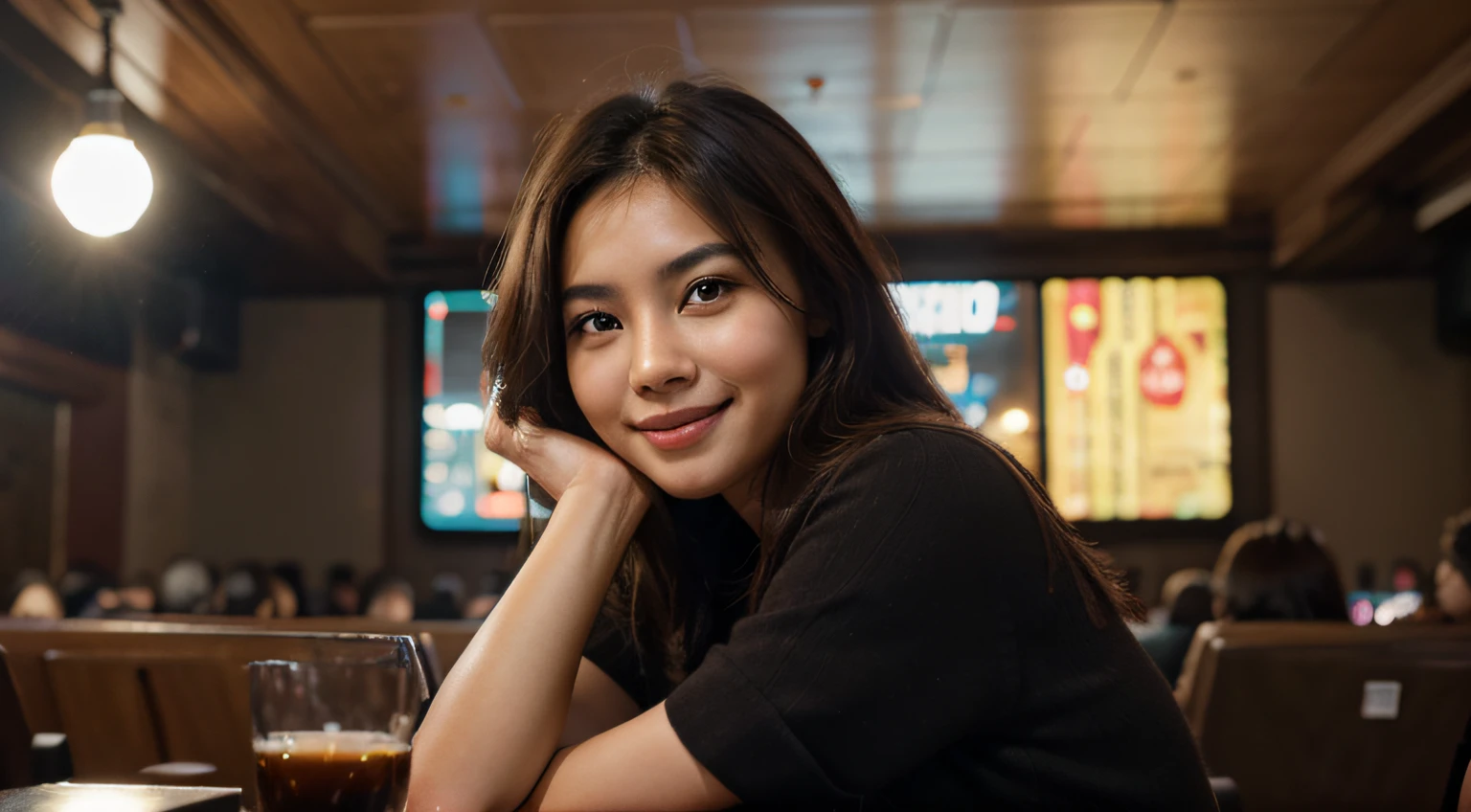 (Best quality, 8k, masterpiece: 1.3), a beautiful Asian woman with dark brown hair, smiling, inside a cinema, watching a movie, bright nightlights, Nikon D850 DSLR 4k camera, 100mm lens, F 1.2 aperture setting, bright and natural lighting, vibrant, relaxing atmosphere, panoramic view