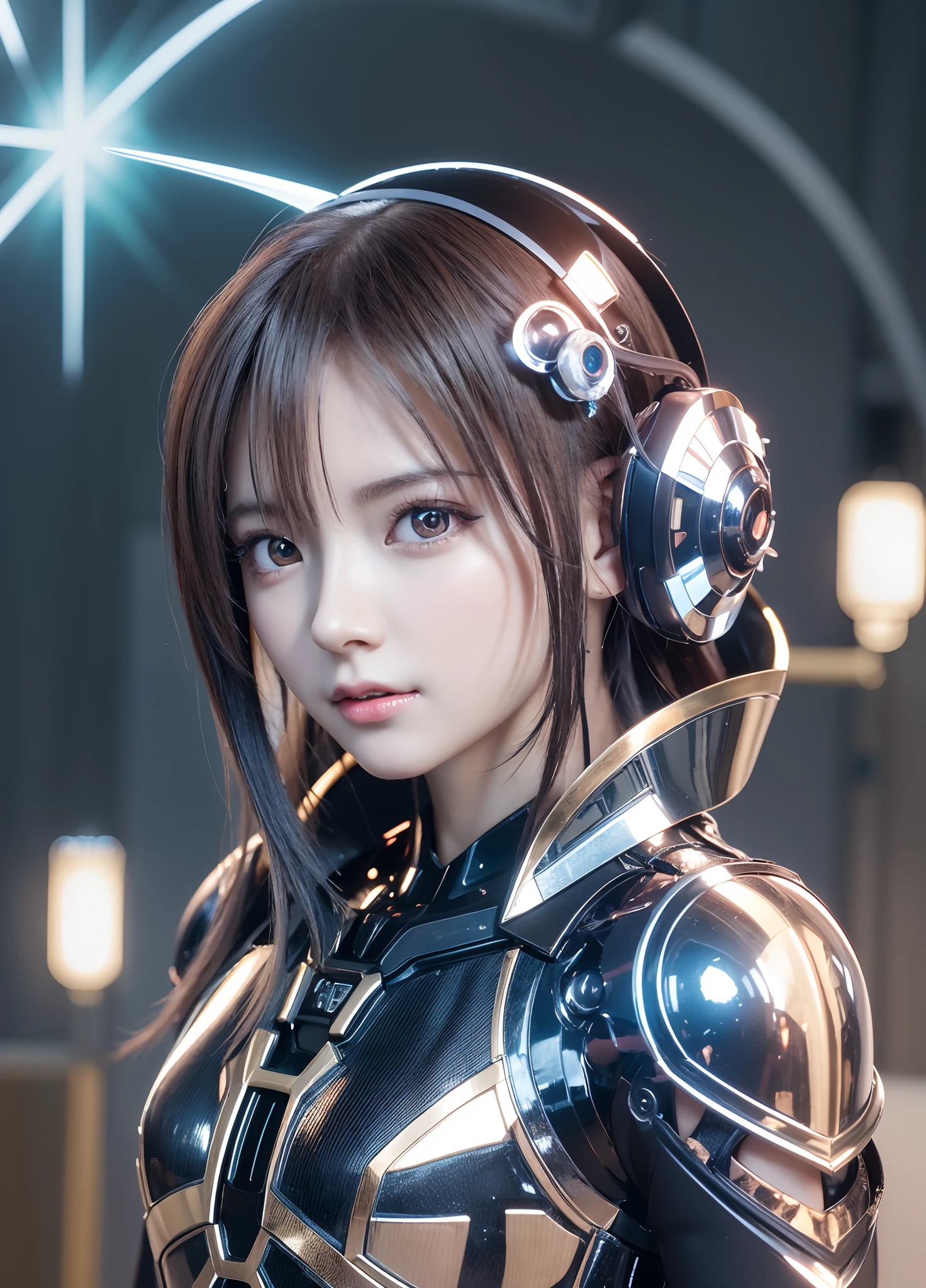Woman in futuristic costume holding a futuristic helmet and a futuristic sword, Trending on cgstation, Trending on cgstation, Portrait of a girl in the Knights of the Zodiac, Cute Cyborg Girl, Perfect android girl, Portrait Anime Astronaut Girl, Beautiful girl cyborg, Girl wearing mecha cyber armor, Game CG, cgsociety と fenghua zhong, Beautiful Cyborg Shrine Maiden,1One screen、Only one person、Enako