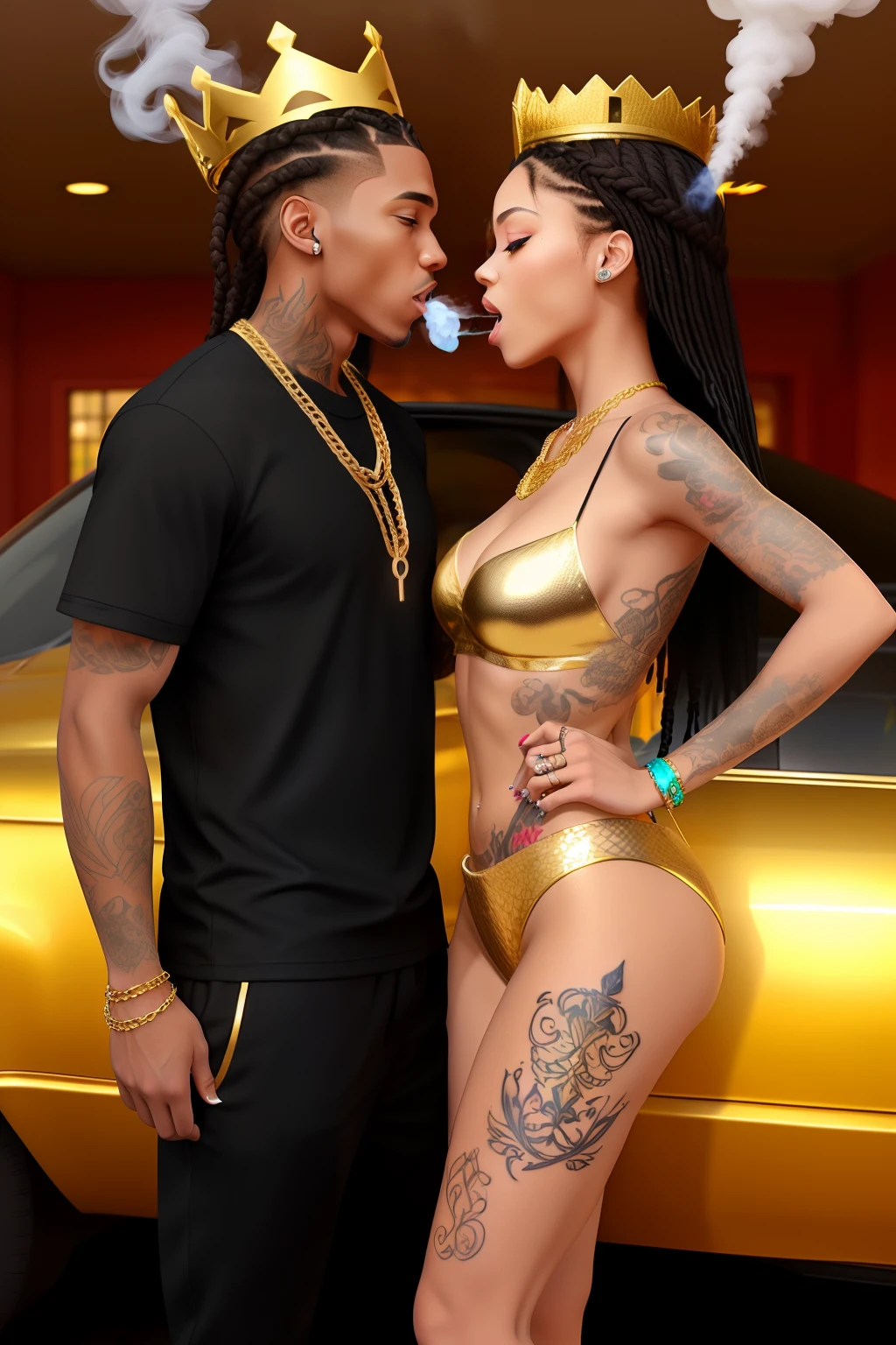 3D Light Skinned Couple, In The Car Background, Male Braids, Female Long Black Hair, Gold Crowns, Gold Chains That Say King And Queen, Male, Tattoos, Female Pajamas, Both Blowing Smoke Into Each Other Mouth, Hennessy