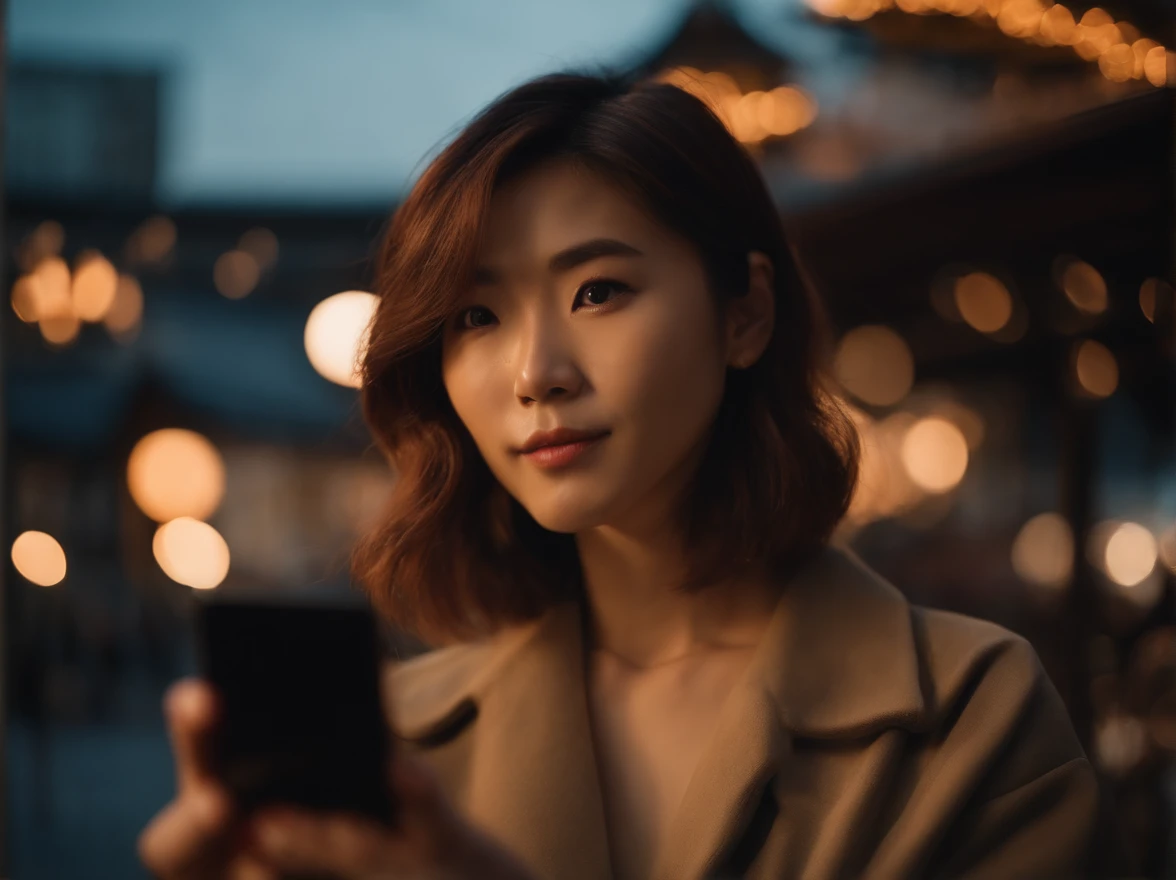 japanes in her 20s femele Holding a smartphone Bob Hair soio takeout suns