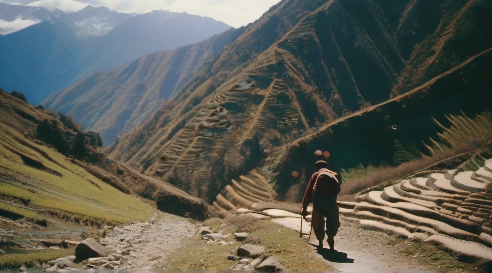 A tamanga porter walking uphill carrying a load on his back in the Nepali mountains