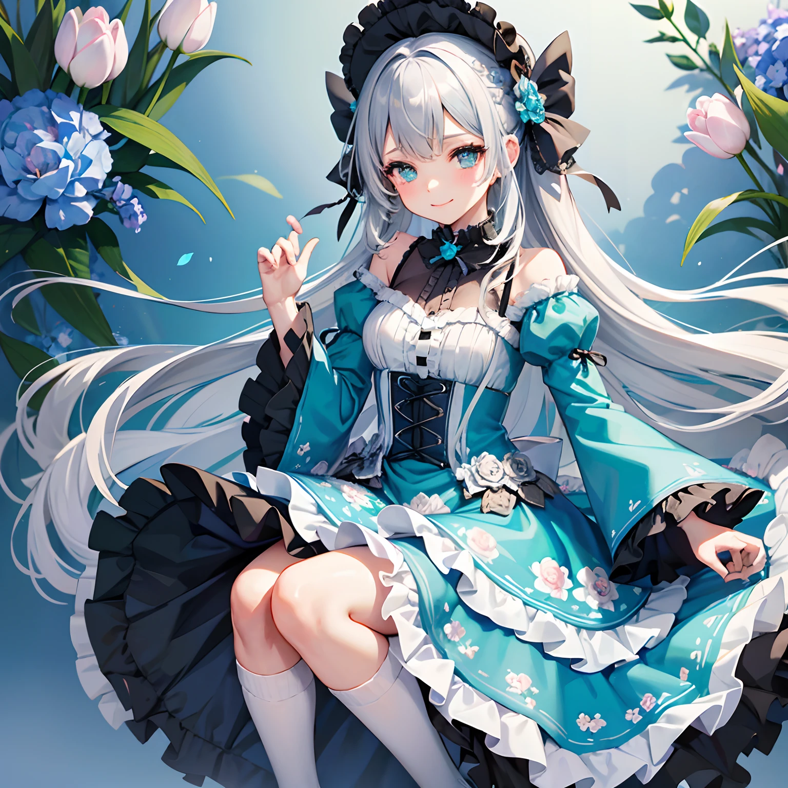 This version of Fria Froyo looks vastly different than her first version. She has slightly tanned skin and her eyes are pale blue with lilac flecks and a tiny snowflake icon, and she wears faint white and azure eye-shadow and lipstick. Above her right eye is a snowflake. Her hair is purple and worn loose, with a segment just slightly longer and worn over her right shoulder. Her lilac and silver tinsel bangs are entirely pulled back. She wears a fluffy headband decorated with cream, strawberries, blueberries, and mint leaf. She wears a pale blue dress with frost covered berries on the lower right corner and a geometric pattern covering it. Her skirt's bottom is trimmed with fluff to accent that around the top of her chest and shoulders, which has a strawberry on the left corner of the chest. She also wears azure tights and fluffy boots with two blueberries on the left corner of her left foot. SPARKLE; GLITTER