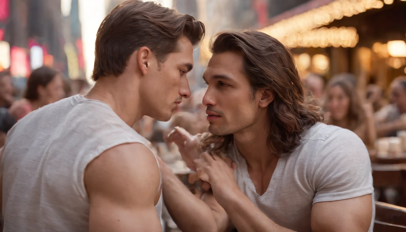 photo of stunning two handsome muscular Thai men kissing sitting outdoors at a New York cafe in Times Square, New York, no female, honey eyes, short messy windy dark brown hair, flipping hair, closeup zoomed in tight crop portrait, people watching, top-view (New York cafe in Times Square, New York:1.2) (day time:1.2) wearing a (linen shorts and no shirt:1.3) (Lighting-the golden hour:1.2) foreground objects background details (masterpiece:1.2) (photorealistic:1.2) (bokeh:1.2) (best quality) (color grading) (detailed skin:1.3) (no shirt:1.3) (intricate) (8k) (HDR) (cinematic lighting:1.3) (sharp focus) (fix fingers), messy windy hair, Location Times Square, New York